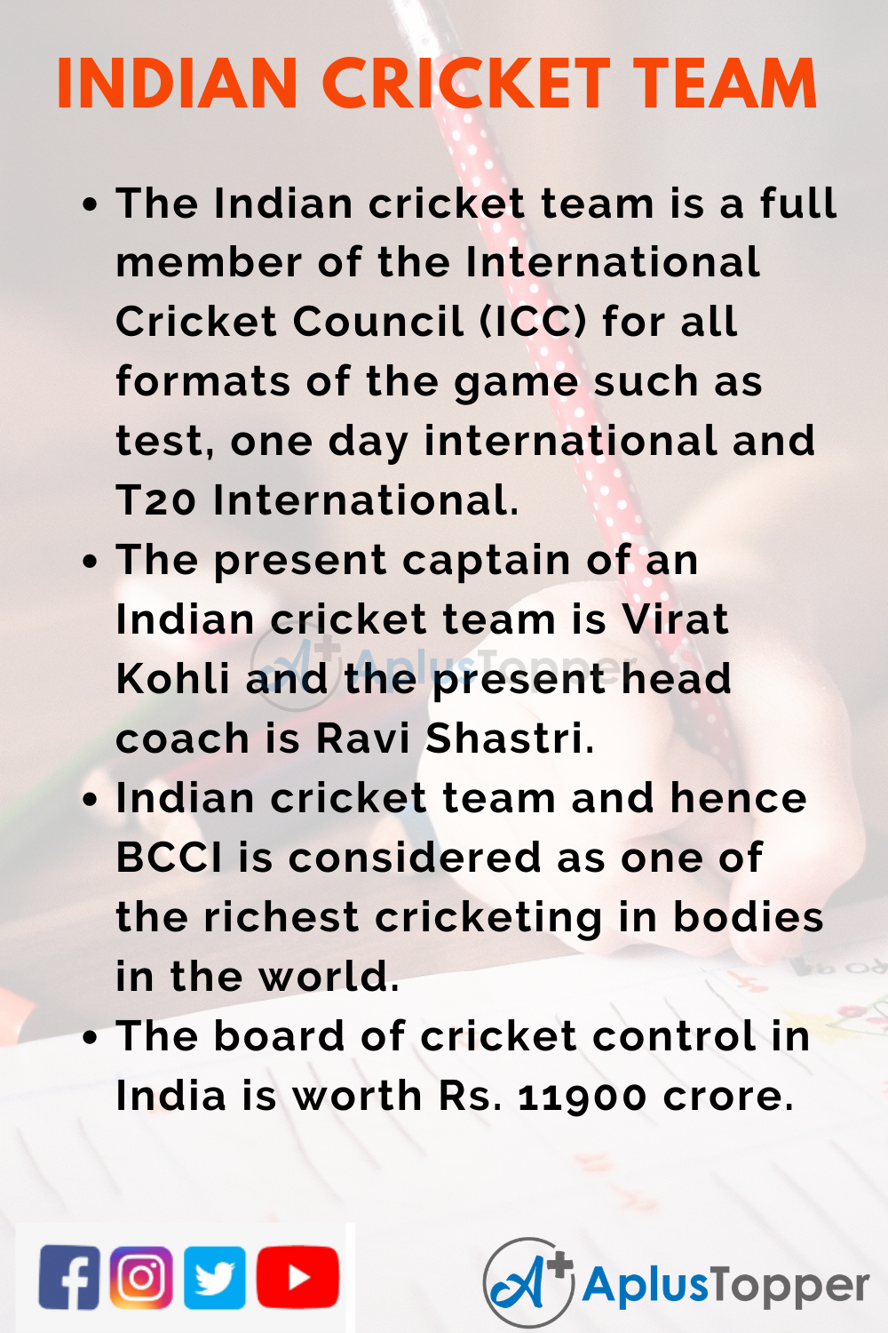 10 Lines on Indian Cricket Team for Higher Class Students