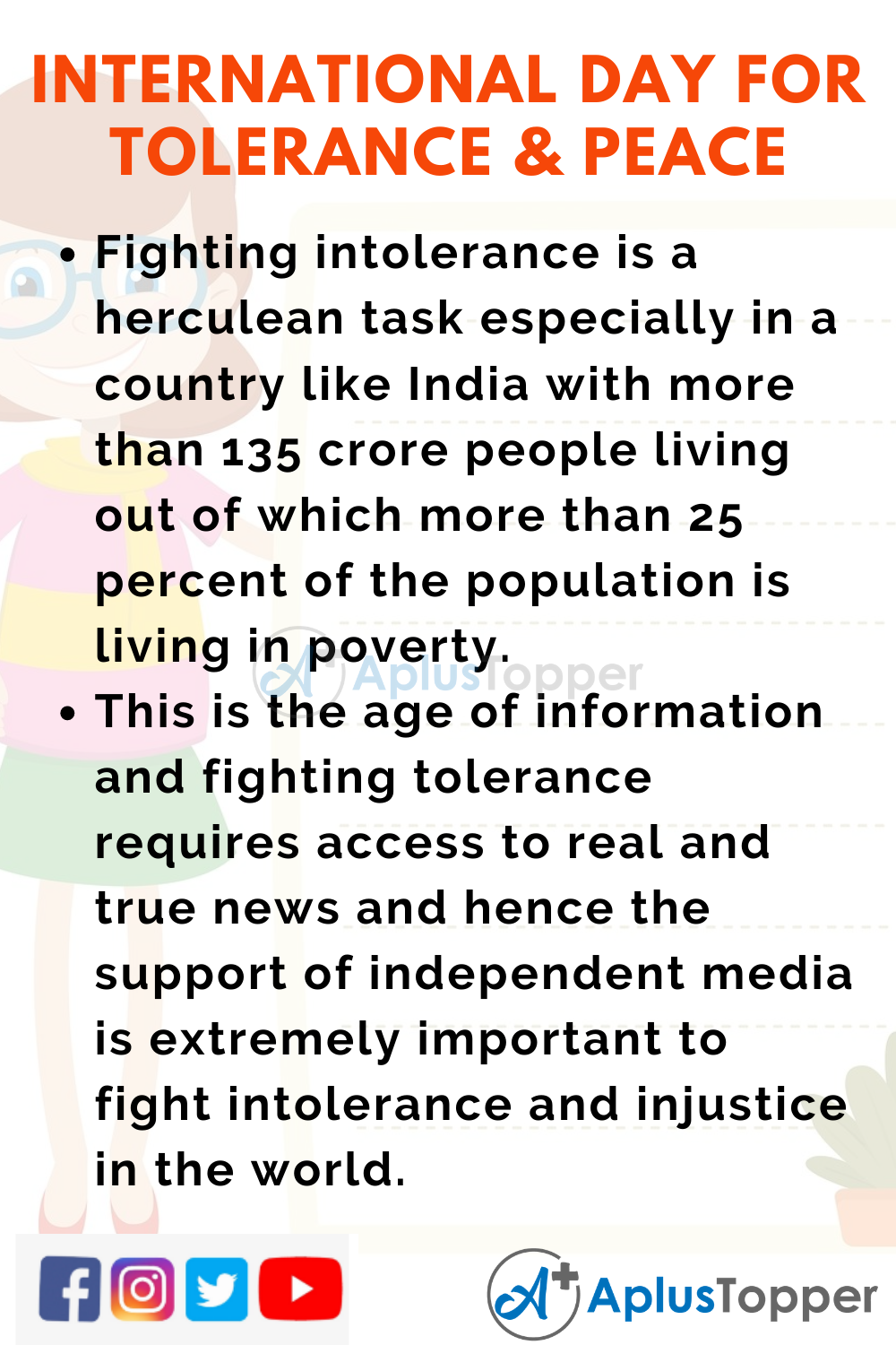 10 Lines on International Day for Tolerance and Peace for Higher Class Students