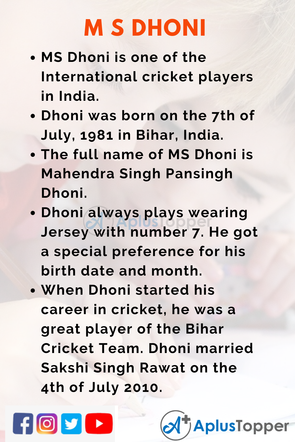 10 Lines on MS Dhoni for Kids