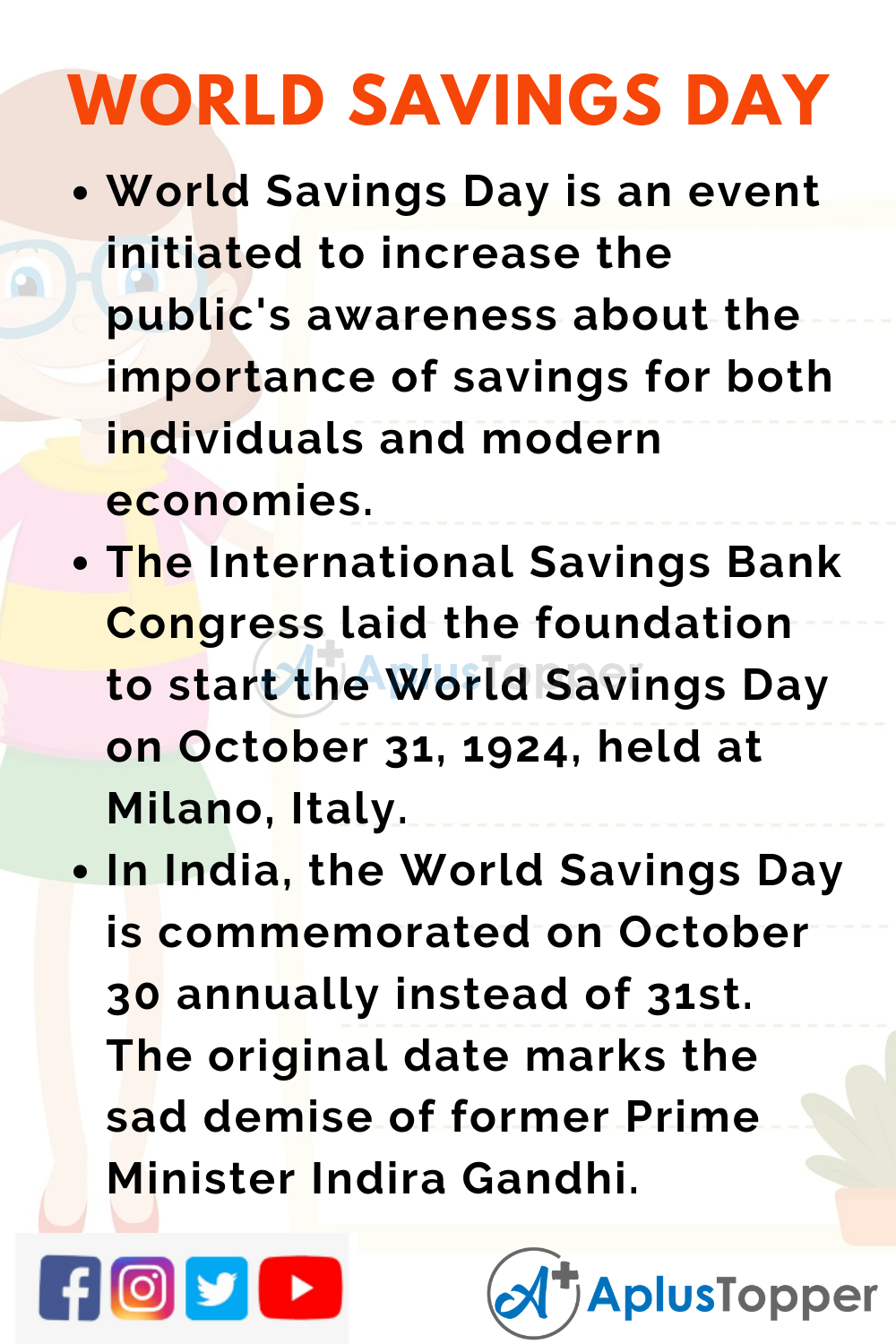 10 Lines on World Savings Day for School Children