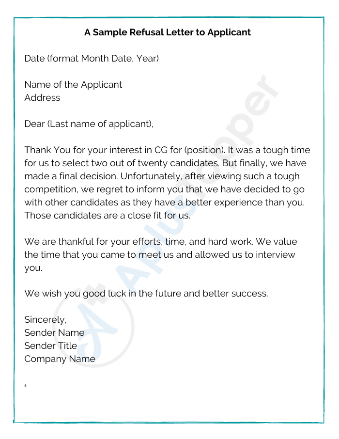 A Sample Refusal Letter to Applicant