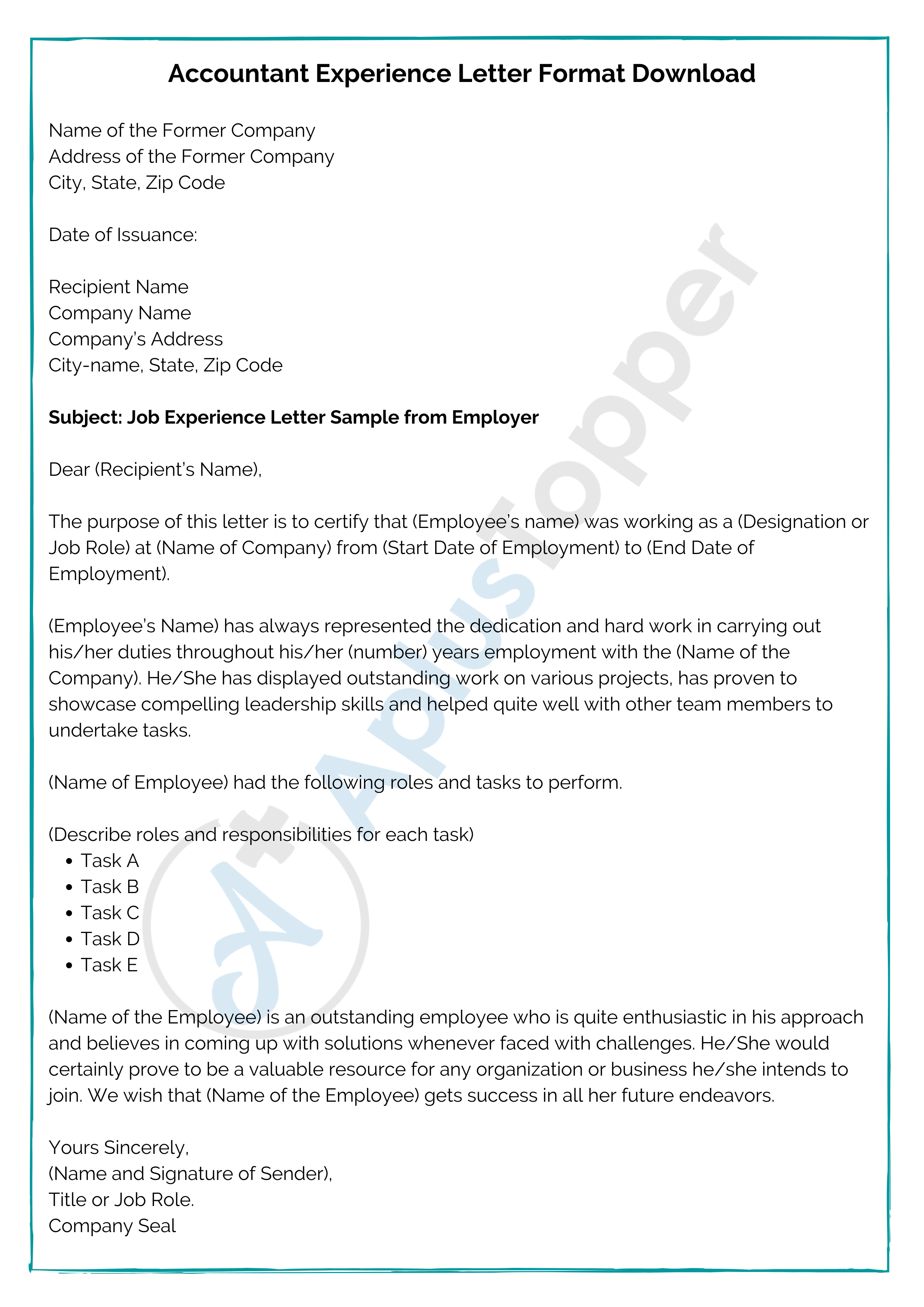 Accountant Experience Letter Format Download