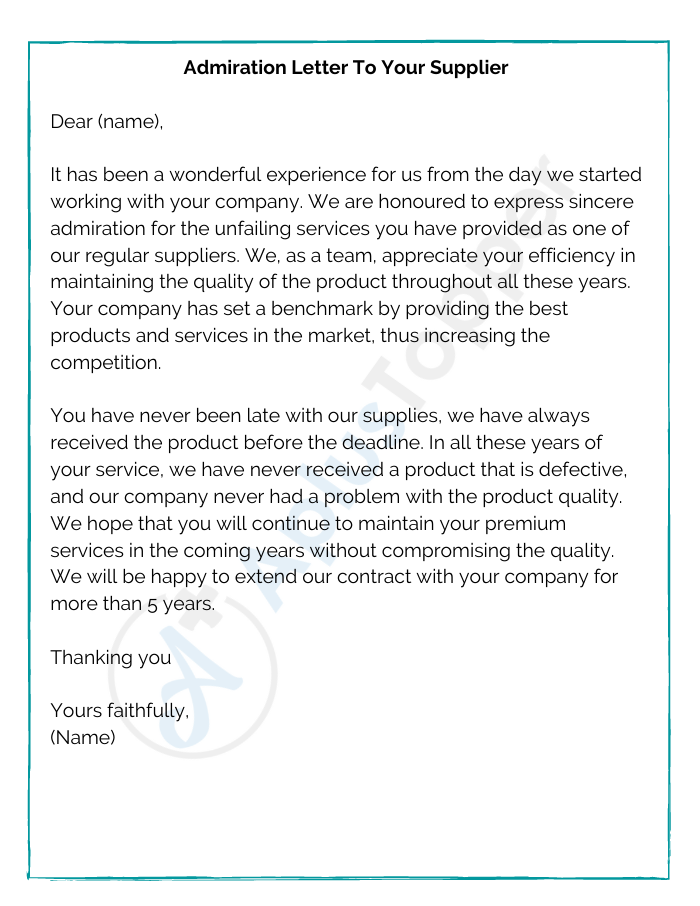 Admiration Letter To Your Supplier