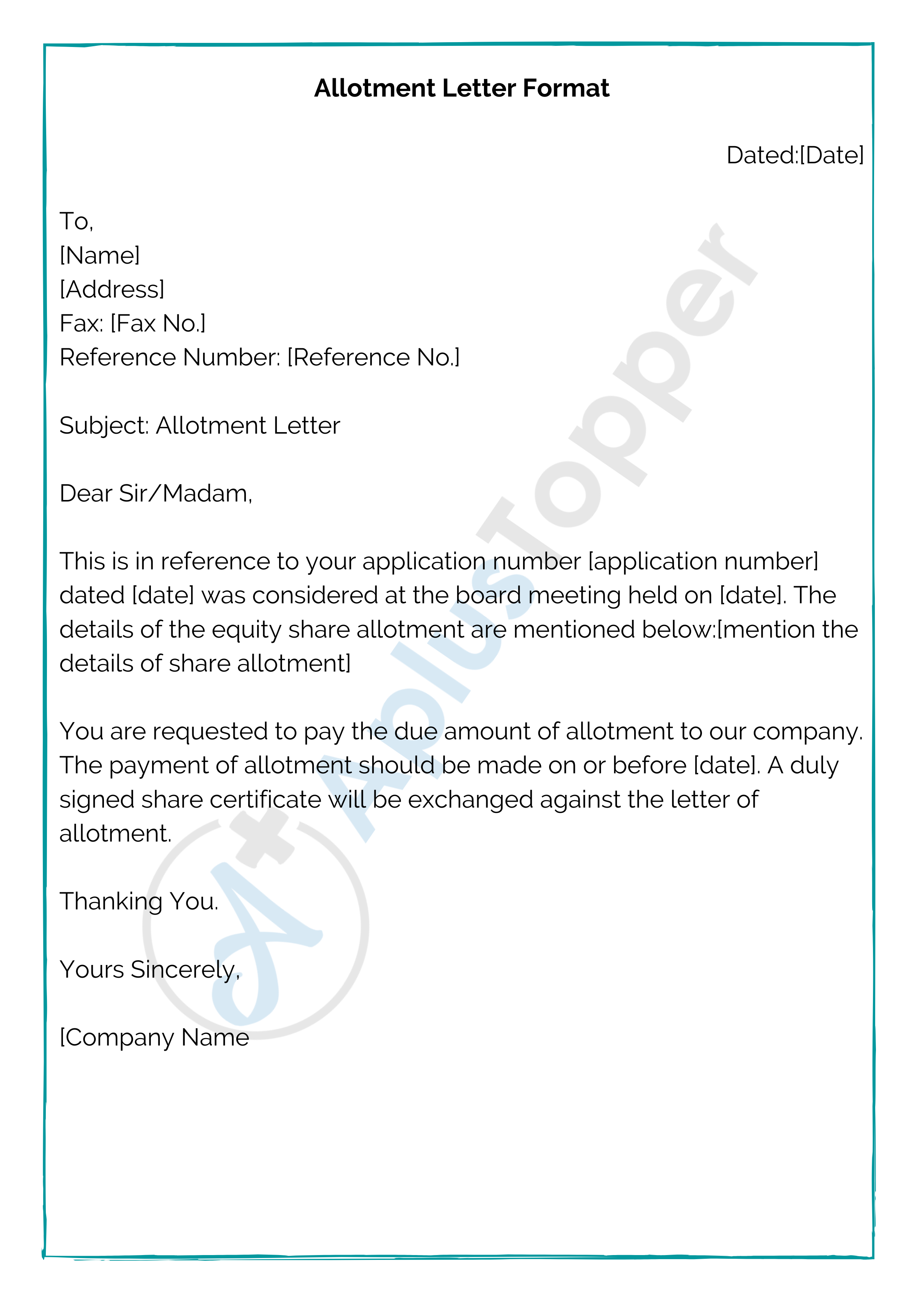 Allotment Letter Format