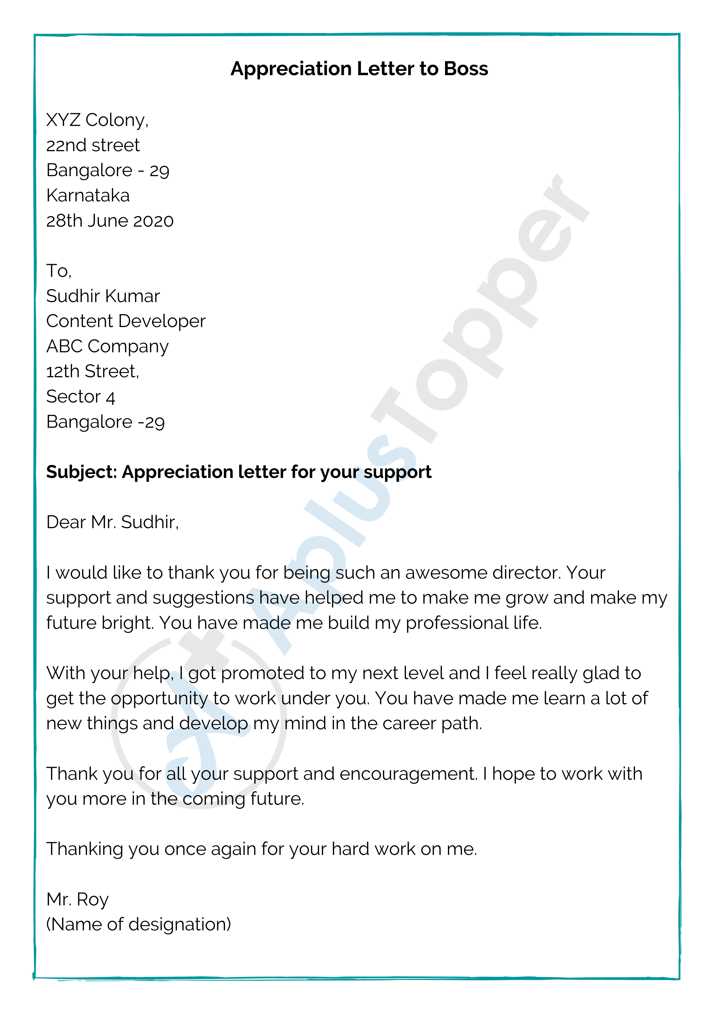 Appreciation Letter To Boss