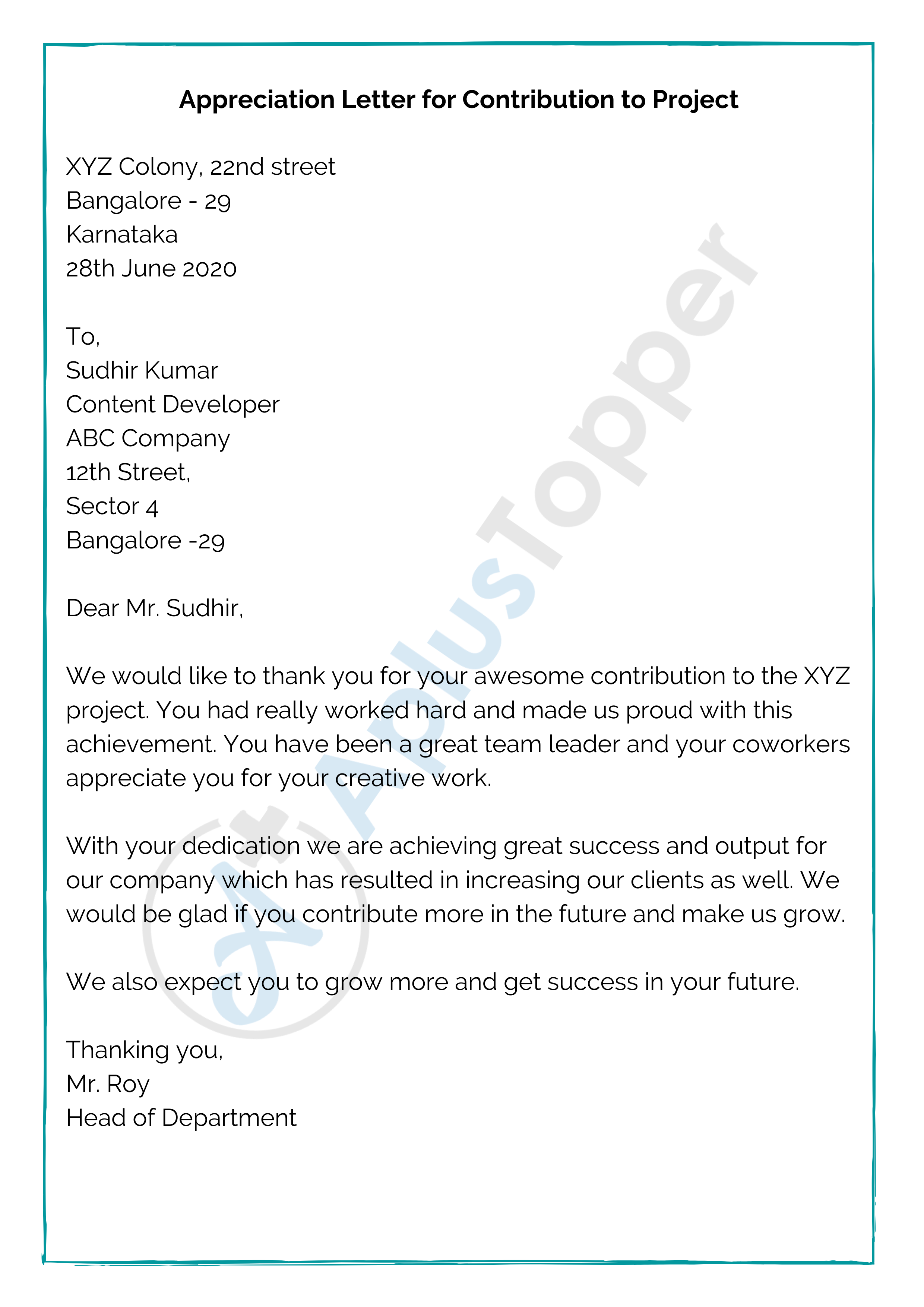 Appreciation Letter for Contribution to Project