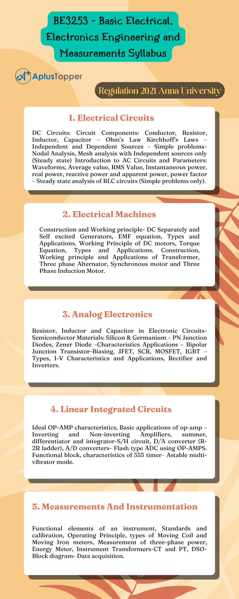 BE3253 - Basic Electrical, Electronics Engineering and Measurements Syllabus Regulation 2021 Anna University