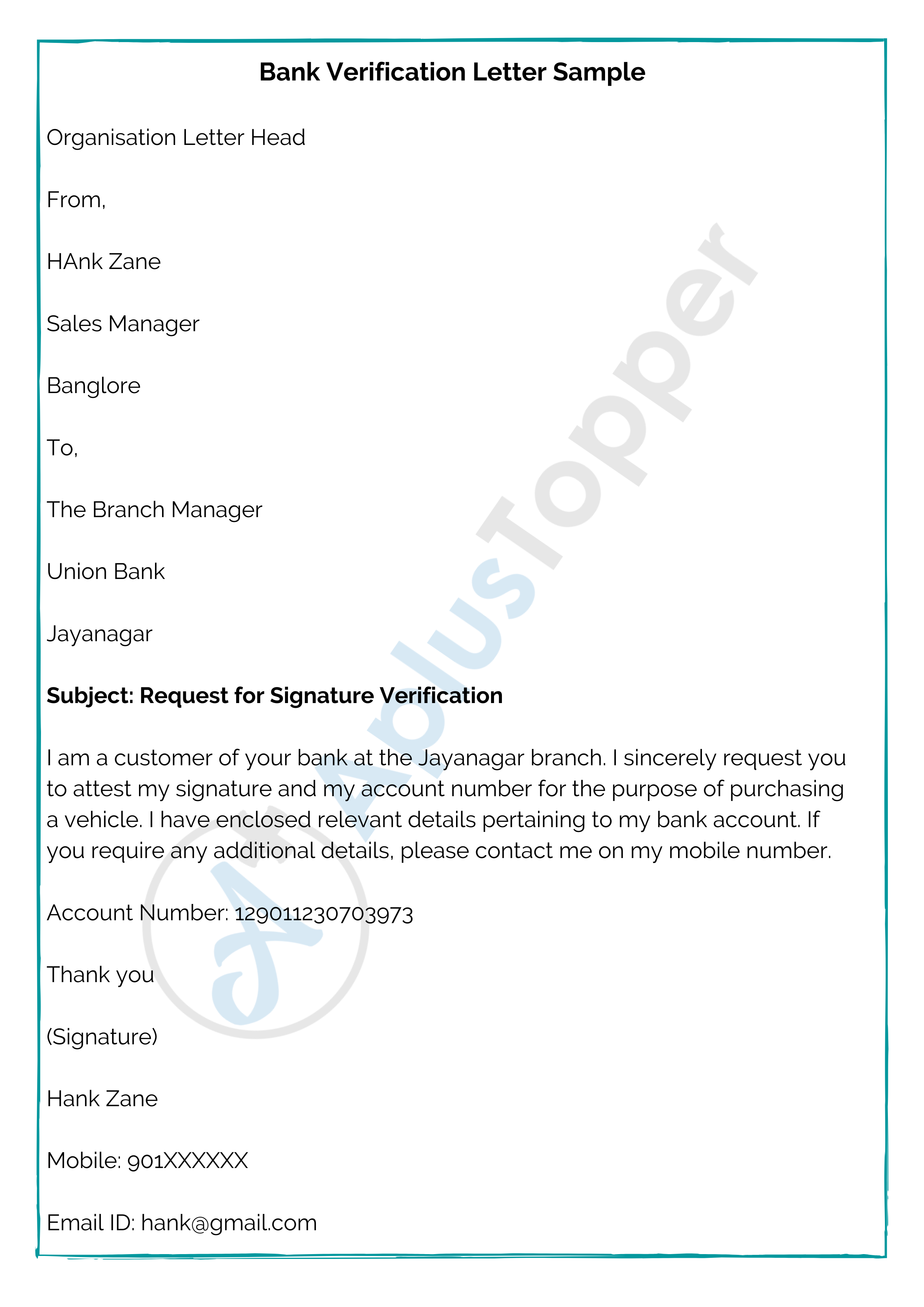 Bank Verification Letter Sample