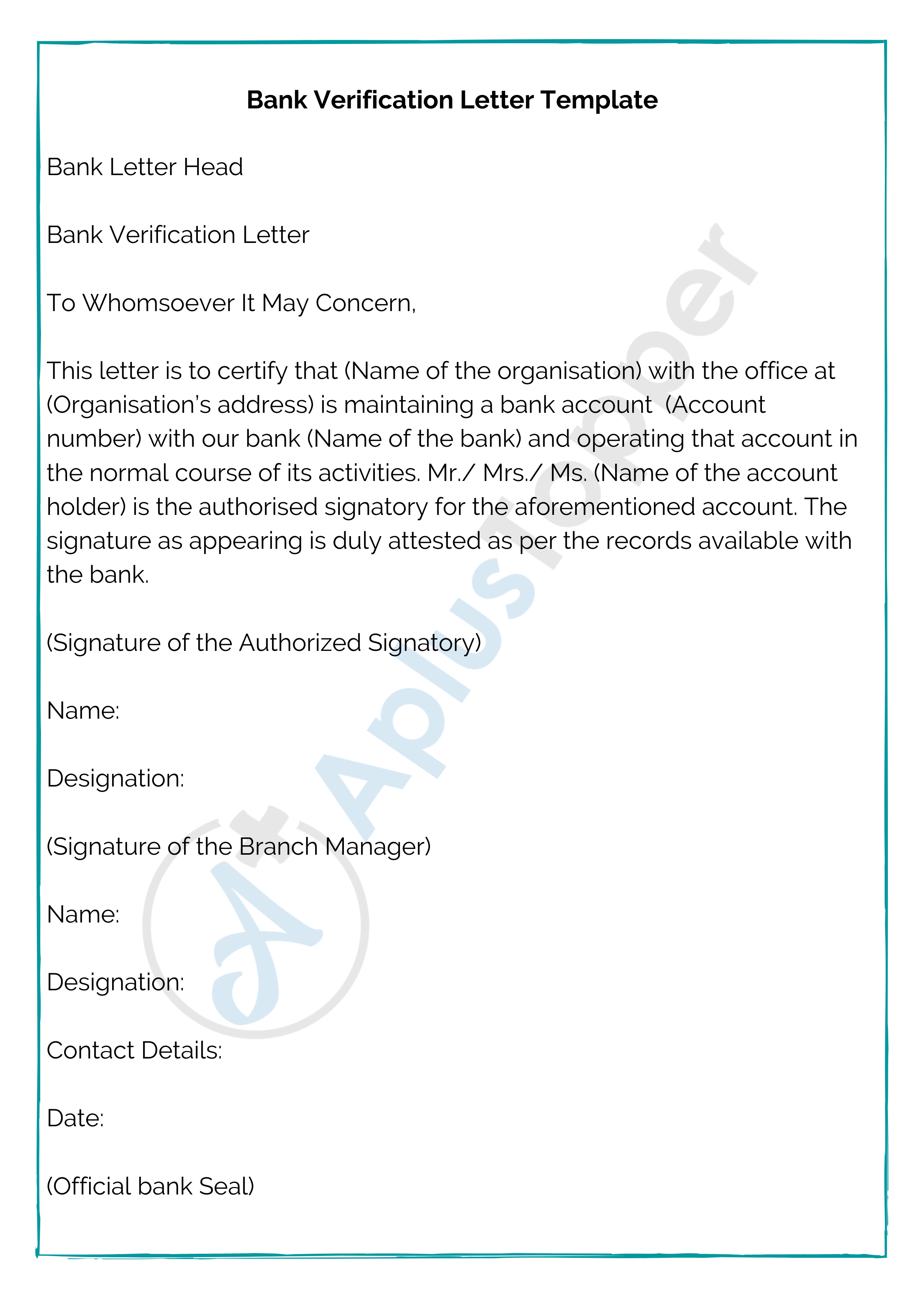 Bank Verification Letter Template