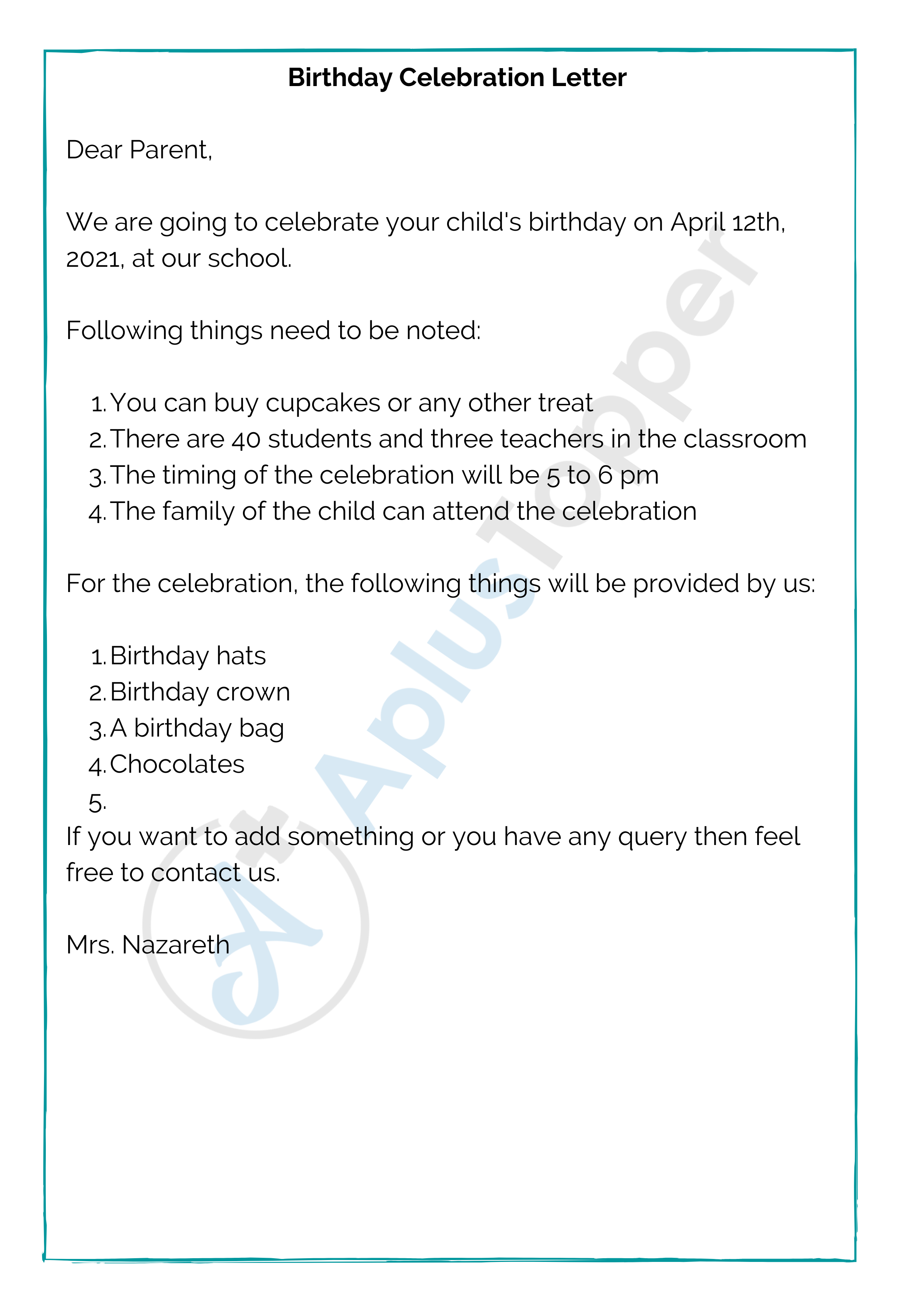 Birthday Celebration Letter