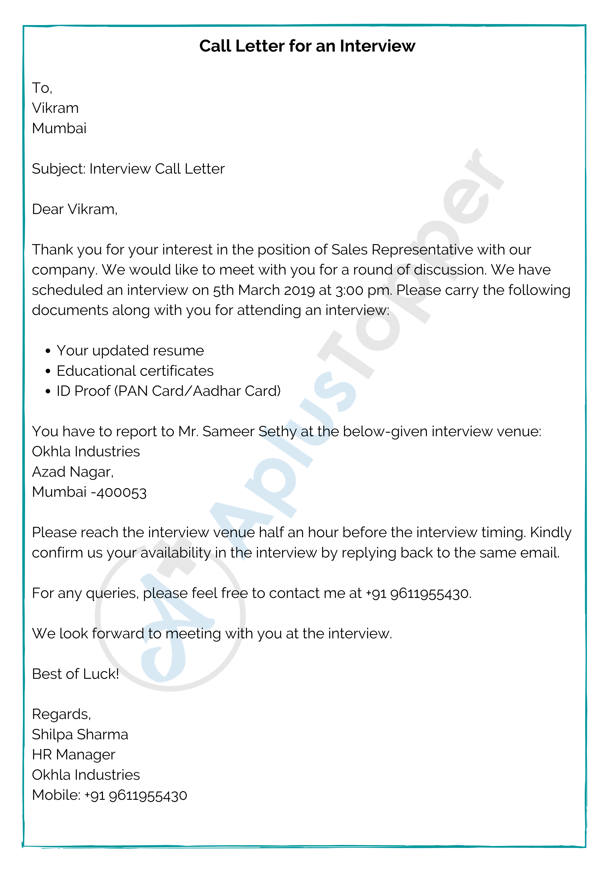 Call Letter for an Interview