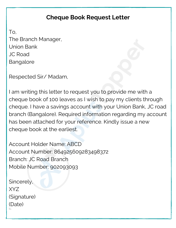 Cheque Book Request Letter Sample