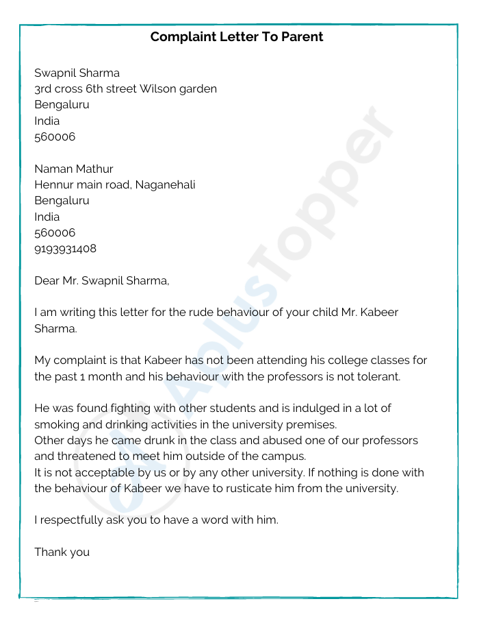 Complaint Letter To Parent