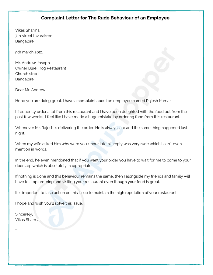 Complaint Letter for The Rude Behaviour of an Employee