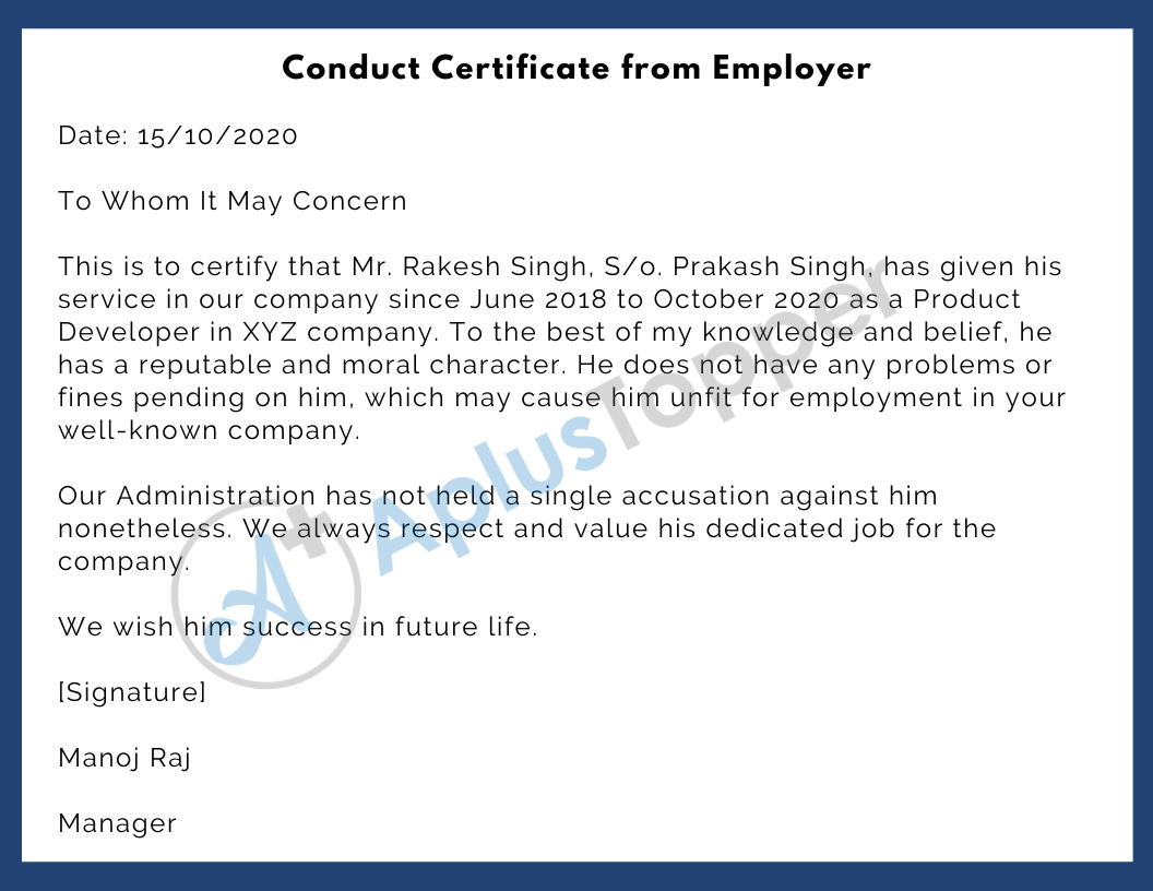 Conduct Certificate from Employer