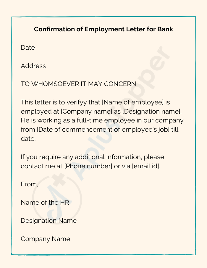 Confirmation Of Employment Letter for Bank