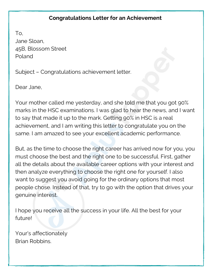 Congratulations Letter for an Achievement