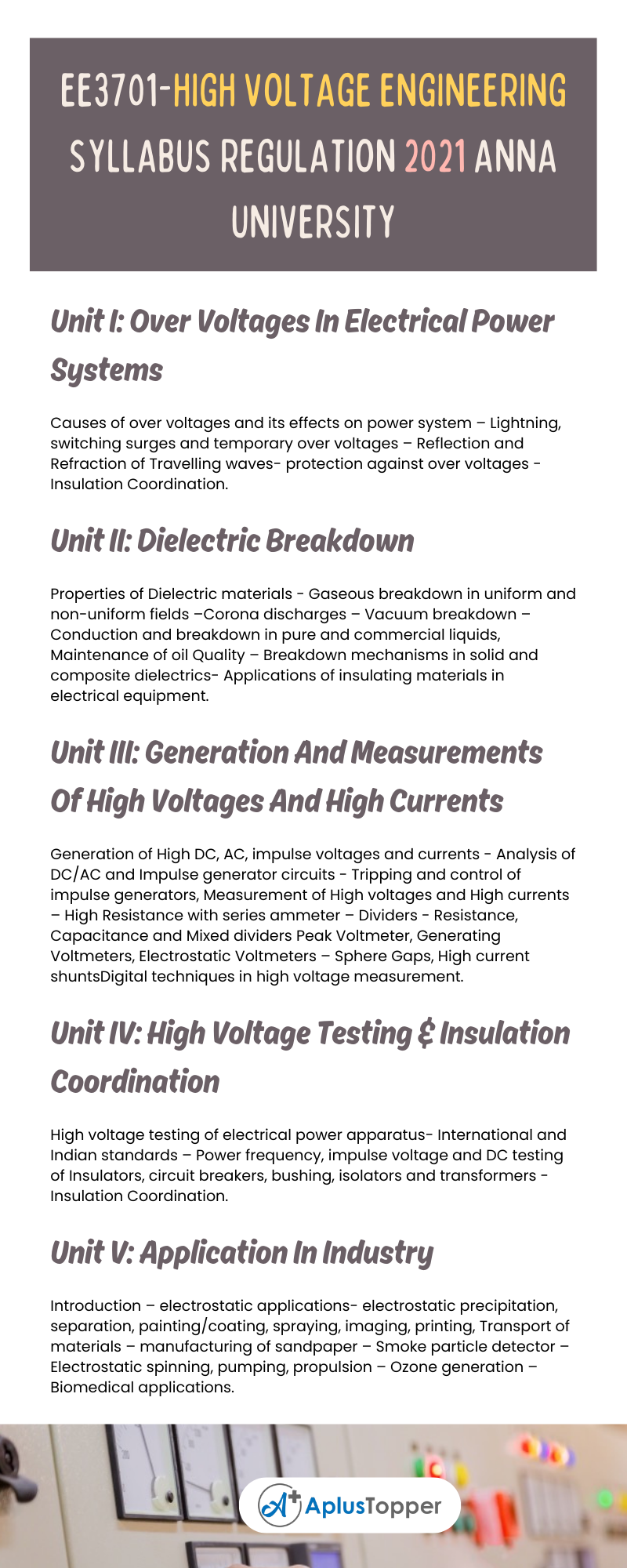 EE3701-High Voltage Engineering Syllabus Regulation 2021 Anna University