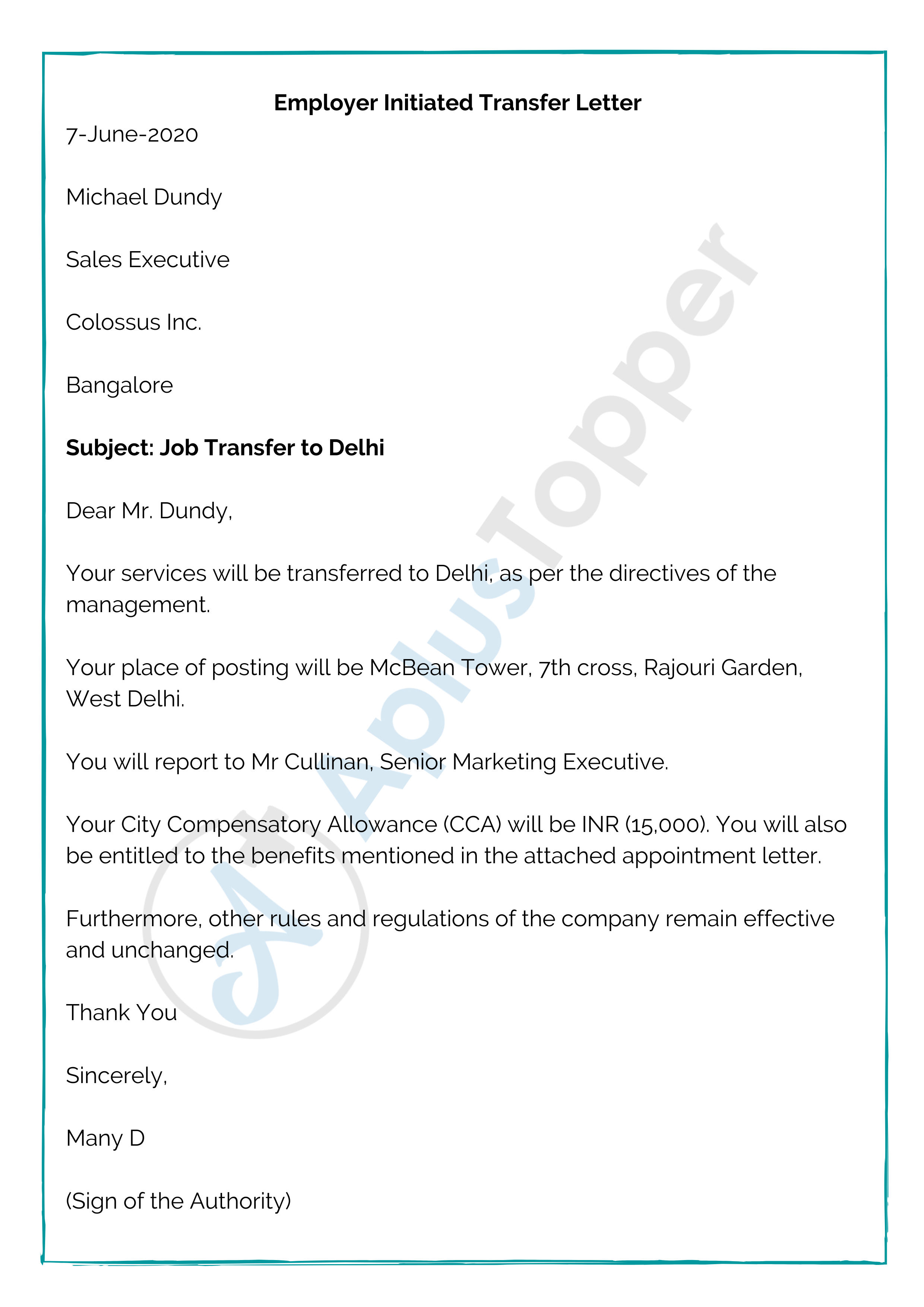 Employer Initiated Transfer Letter