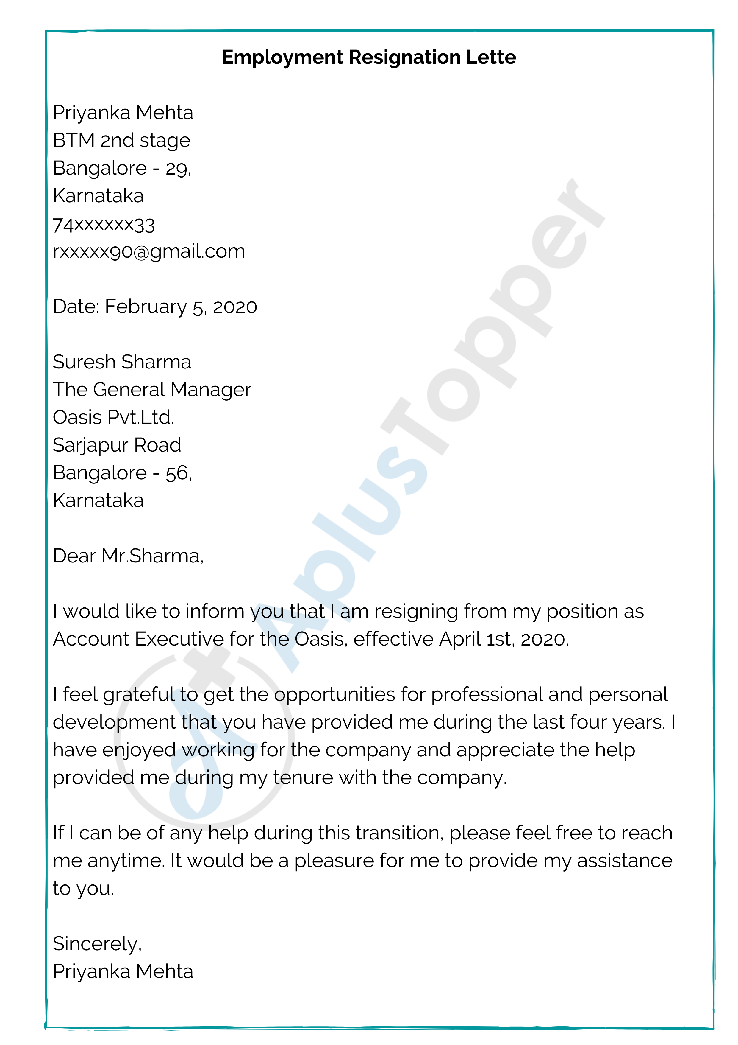 Employment Resignation Letter Sample