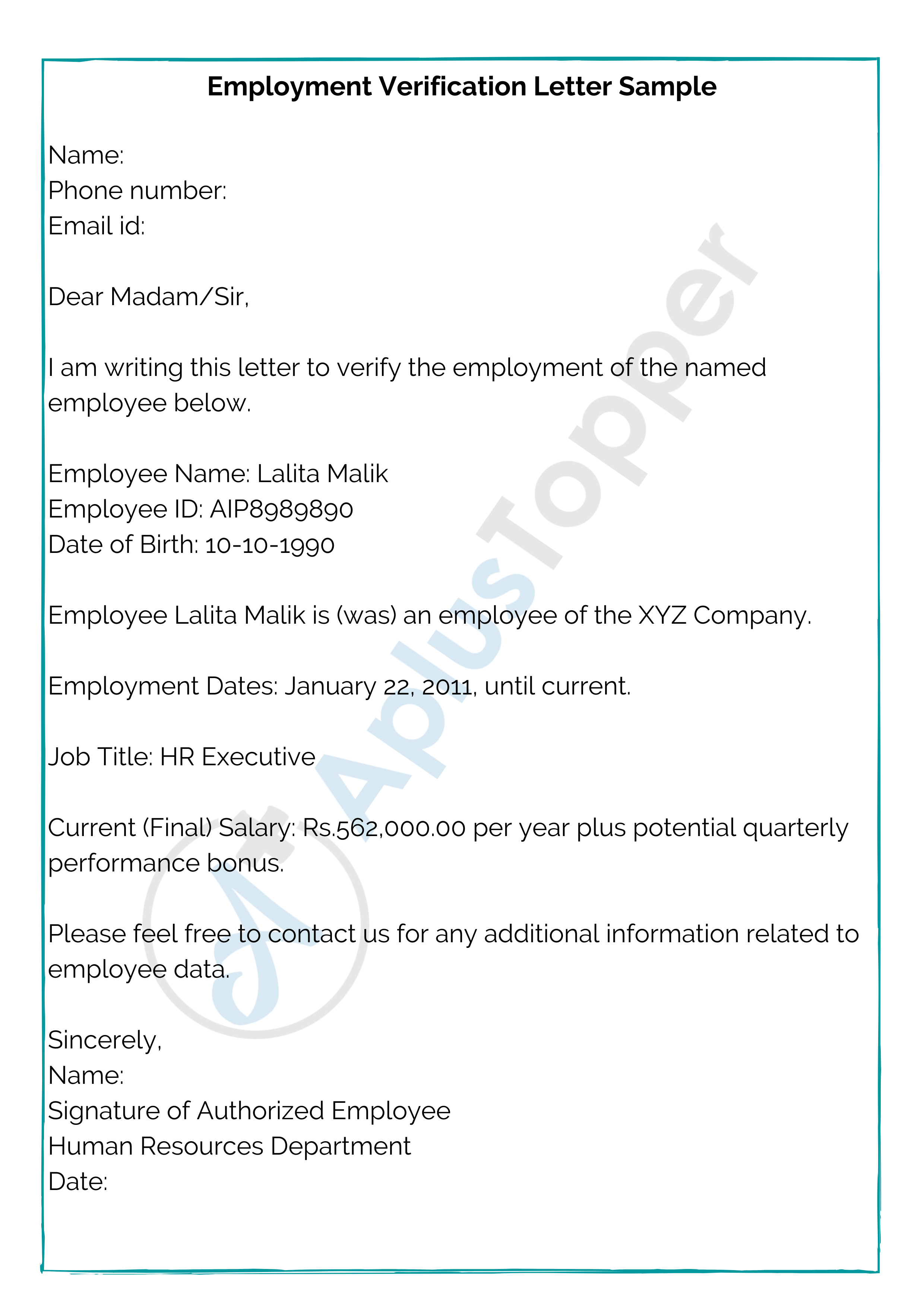 Employment Verification Letter Sample