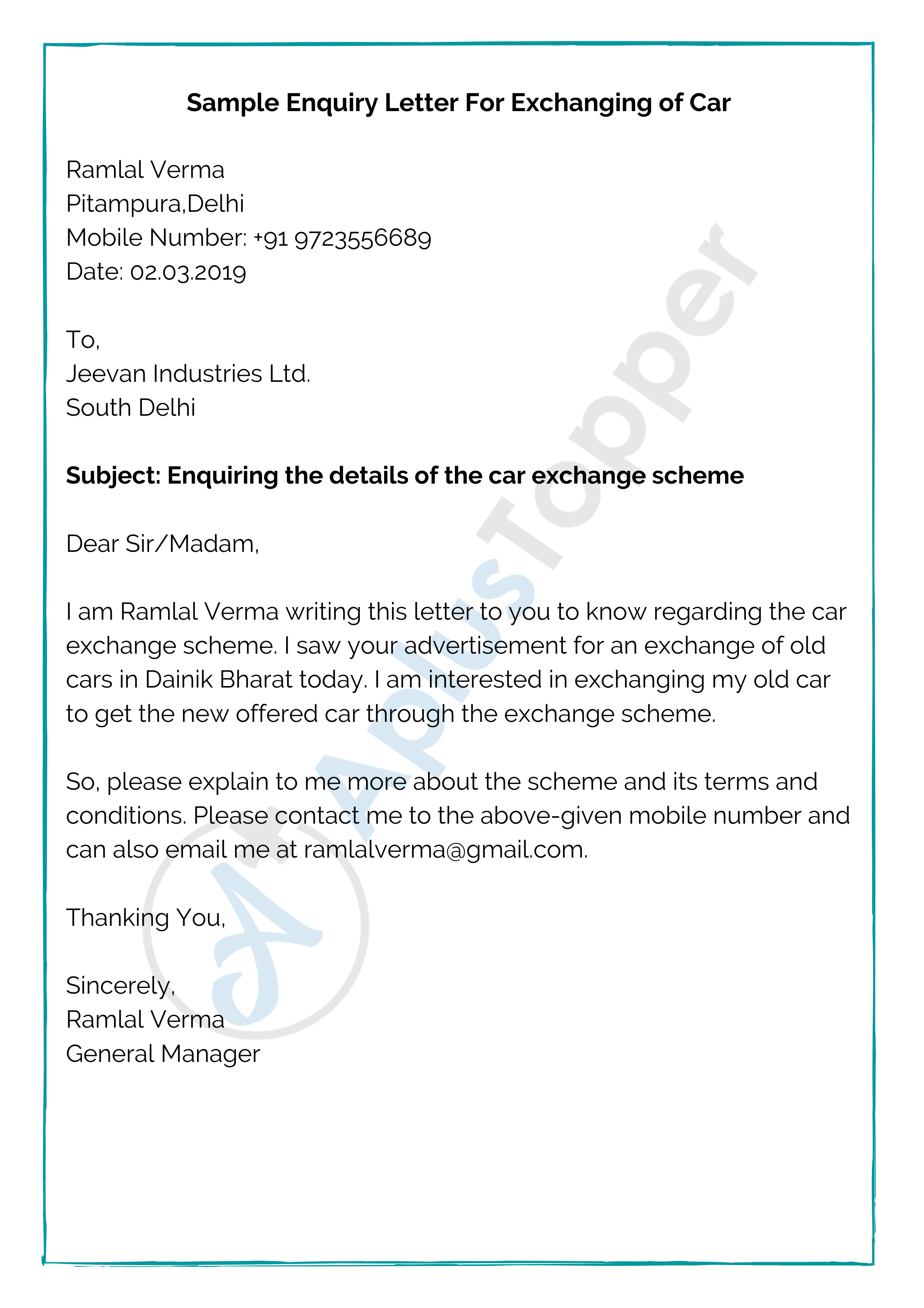 Enquiry Letter Sample