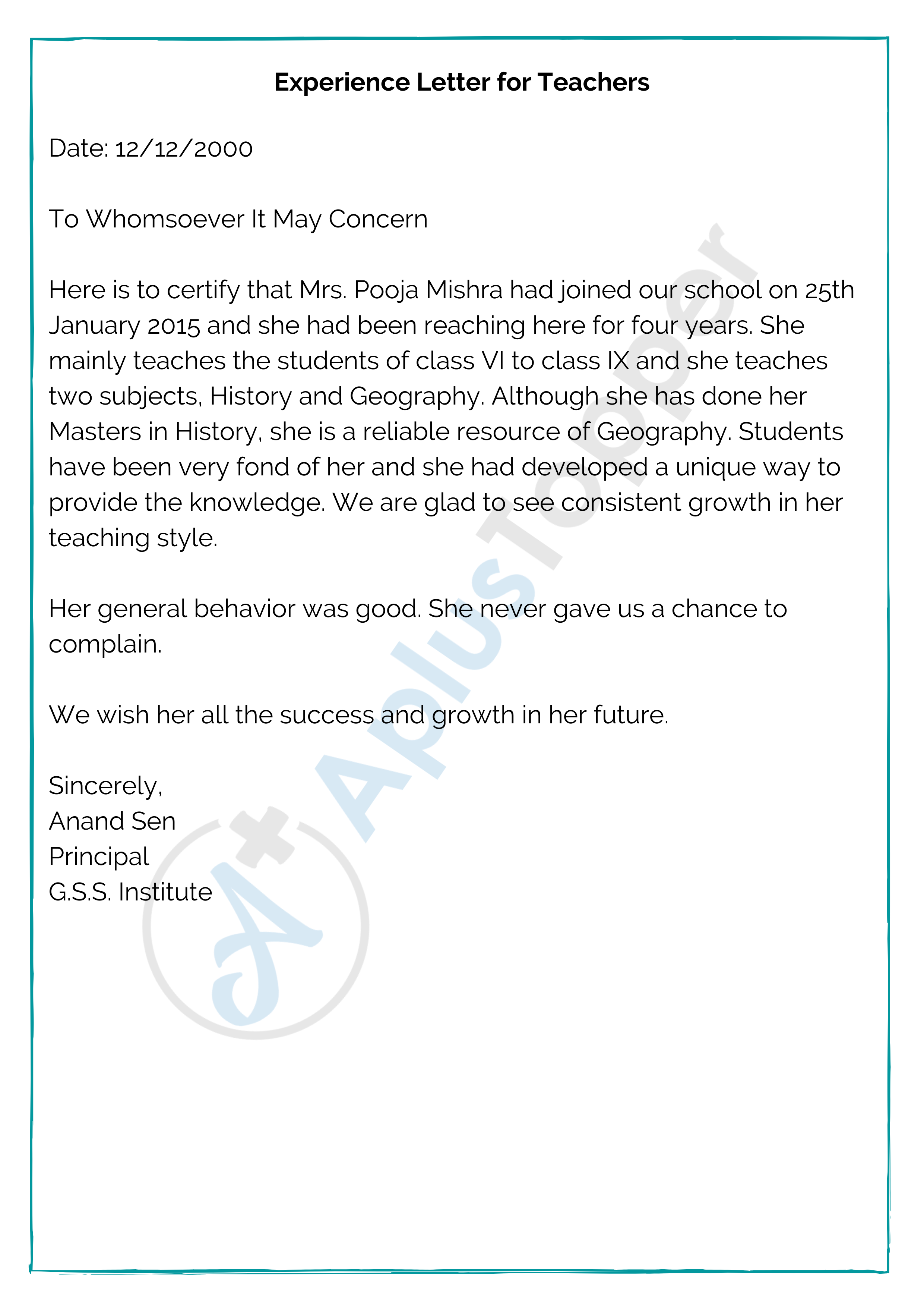 Experience Letter for Teachers