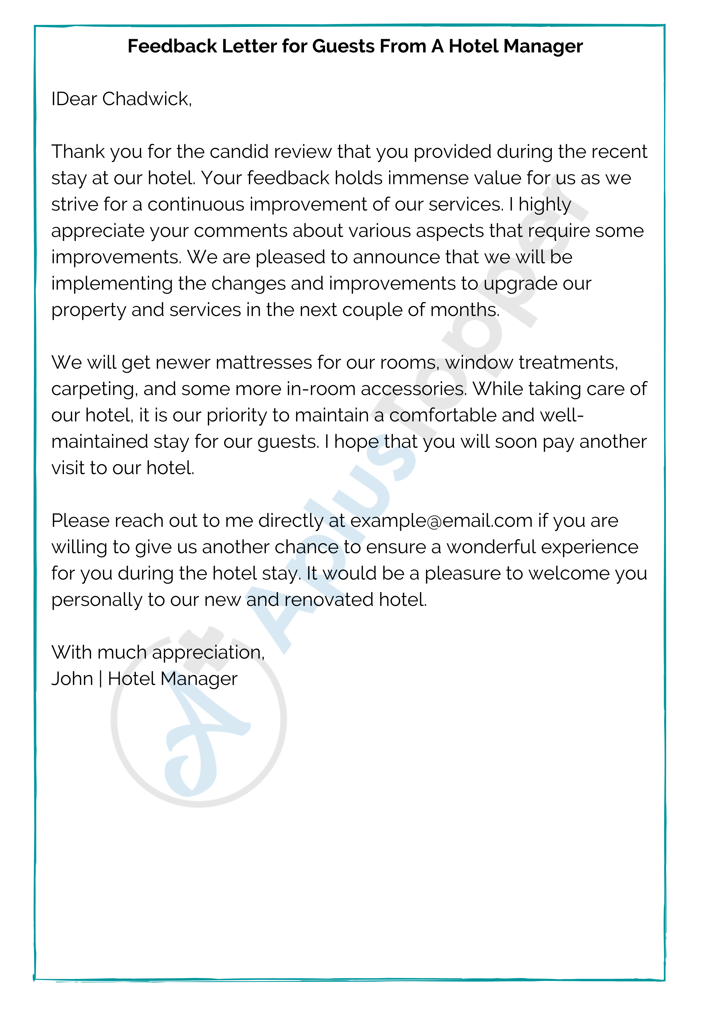 Feedback Letter for Guests From A Hotel Manager