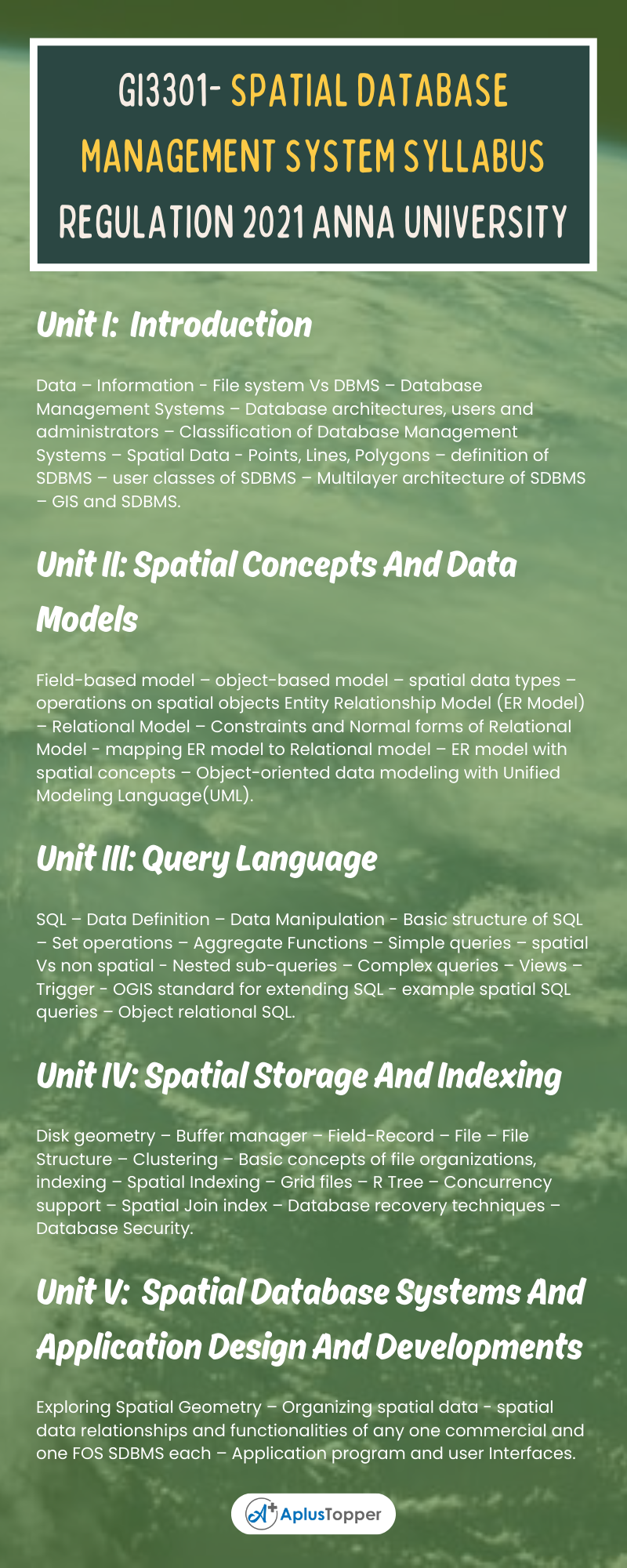 GI3301- Spatial Database Management System Syllabus Regulation 2021 Anna University