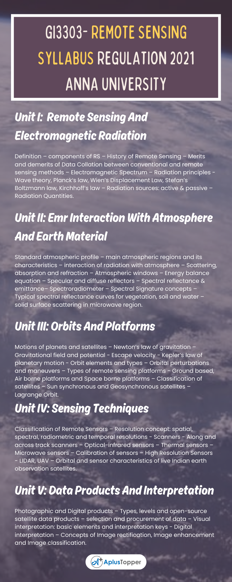 GI3303- Remote Sensing Syllabus Regulation 2021 Anna University