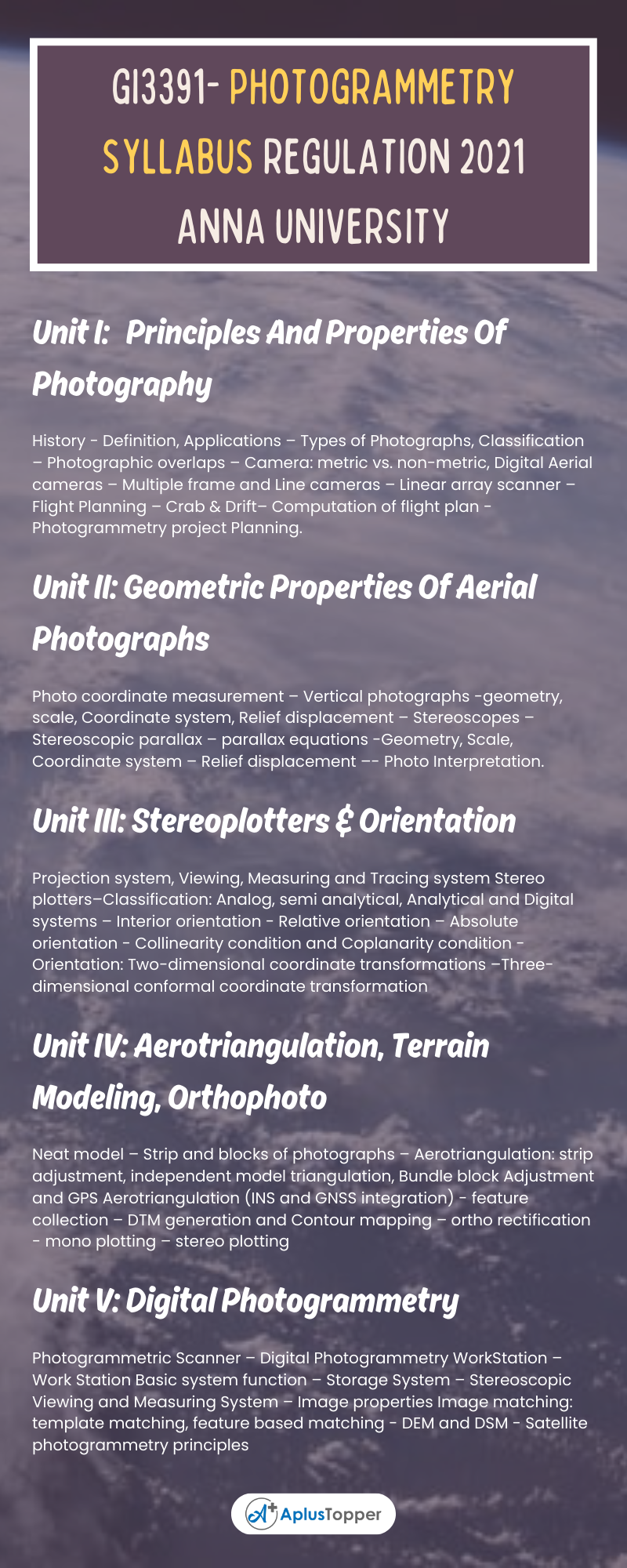 GI3391- Photogrammetry Syllabus Regulation 2021 Anna University