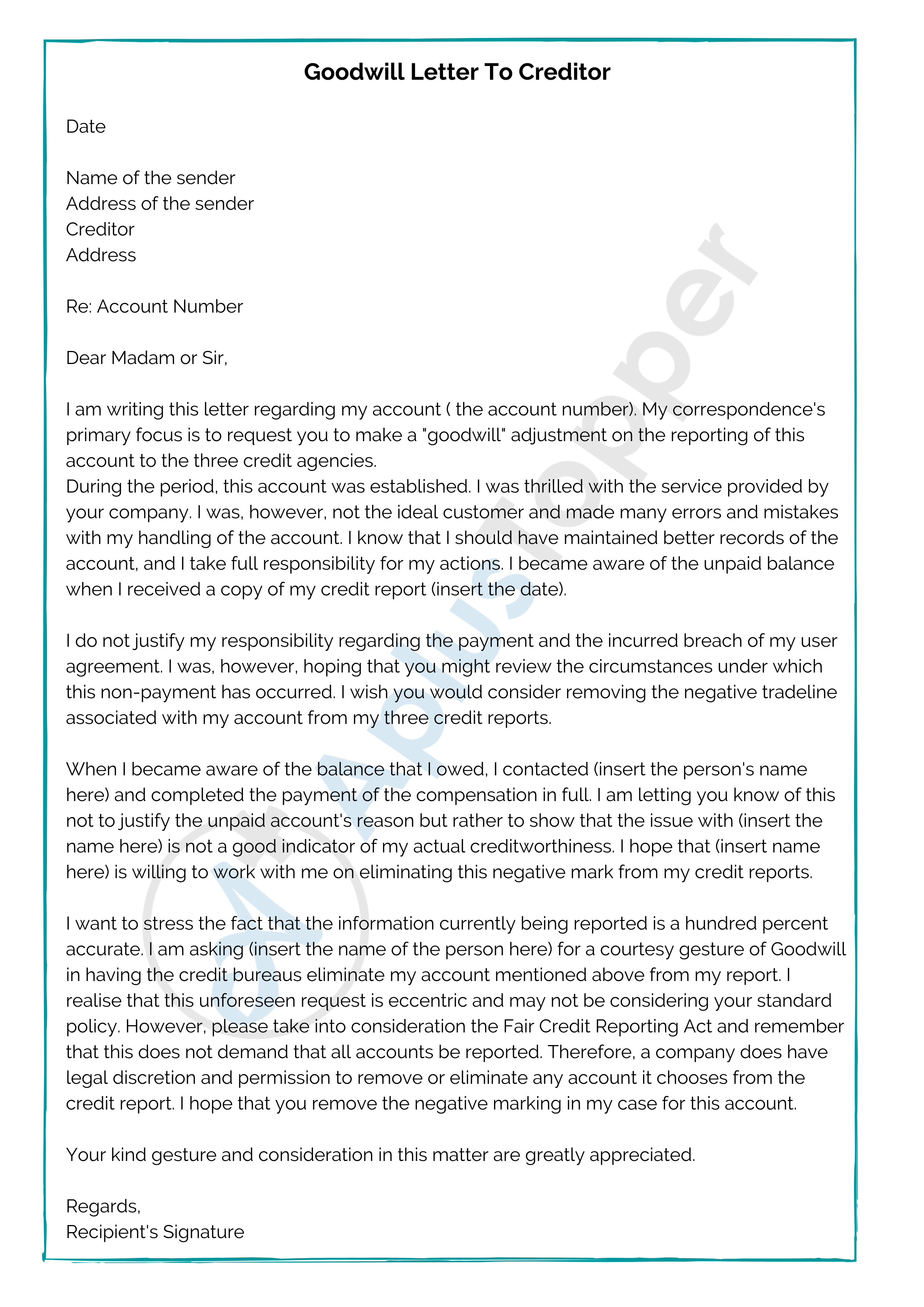 Goodwill Letter To Creditor