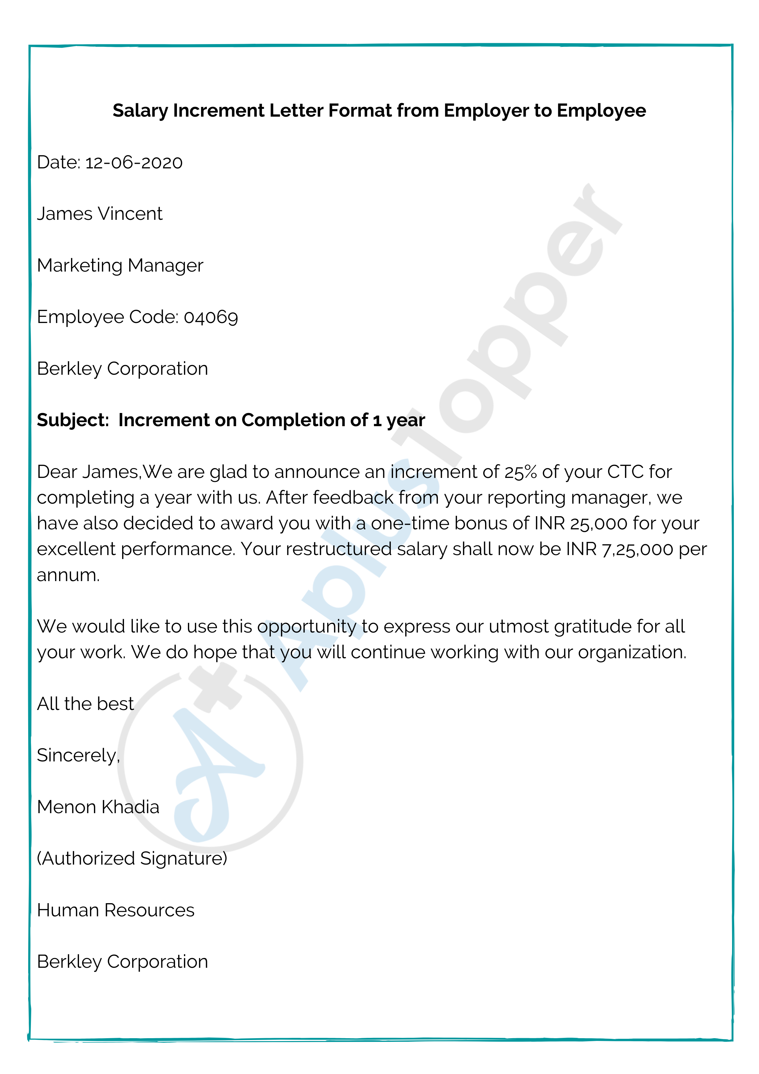 Increment Letter Sample