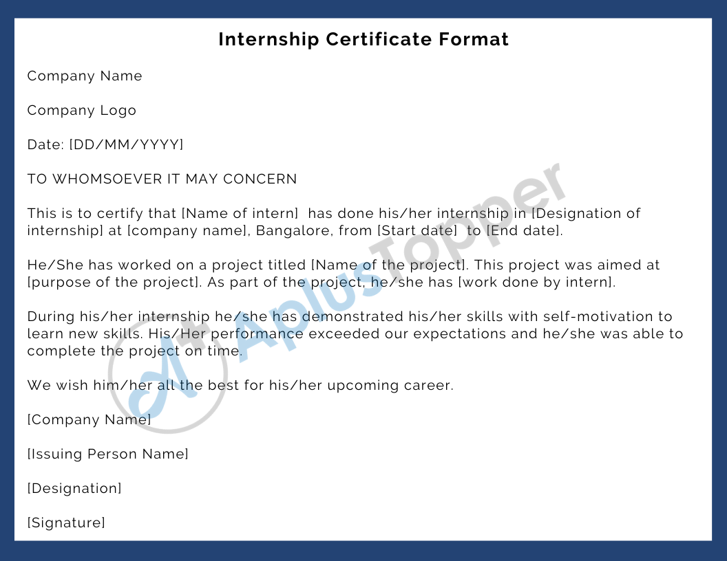 Internship Certificate Format