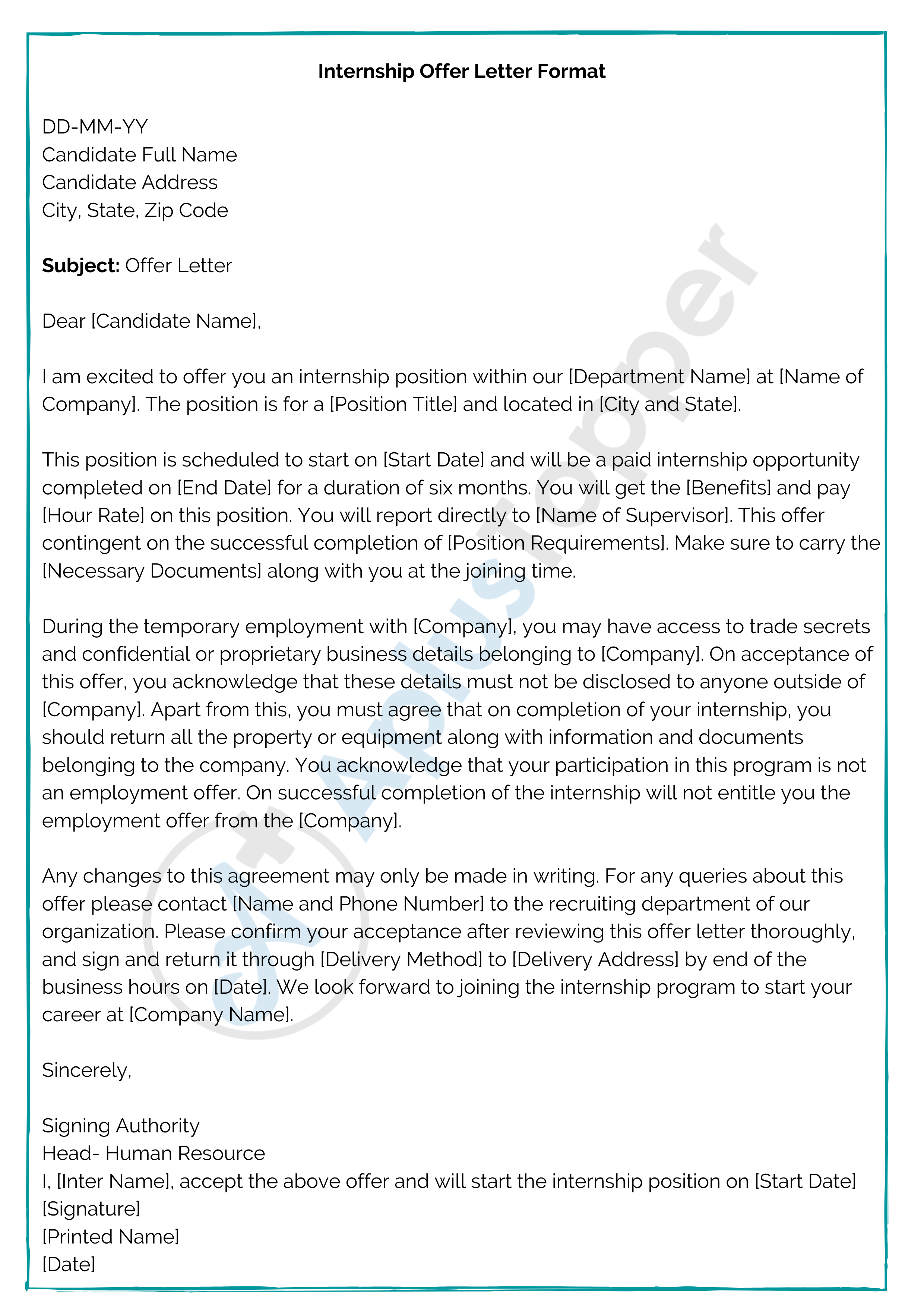 Internship Offer Letter Format