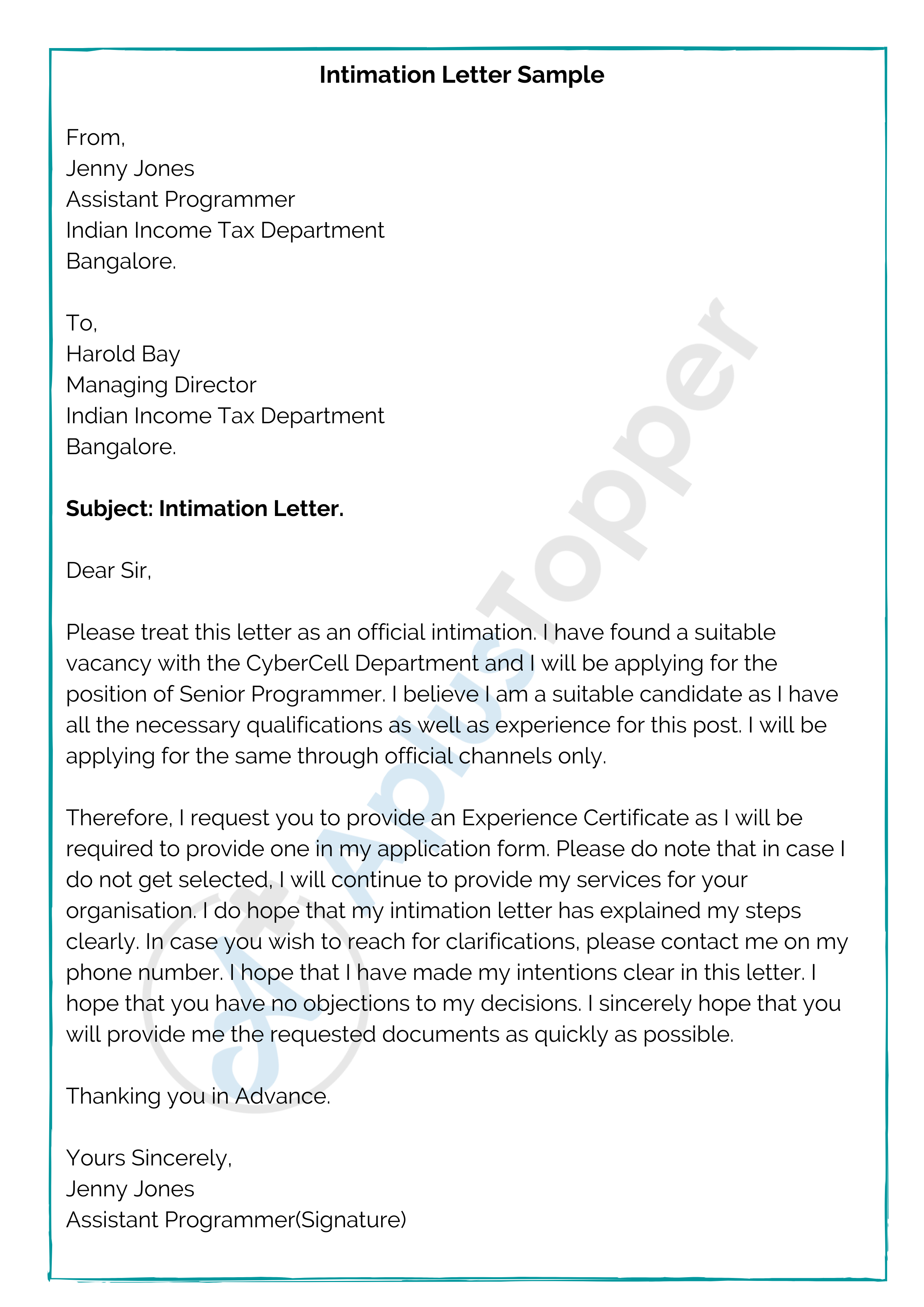 Intimation Letter | Format, Samples, How To Write an Intimation Letter ...