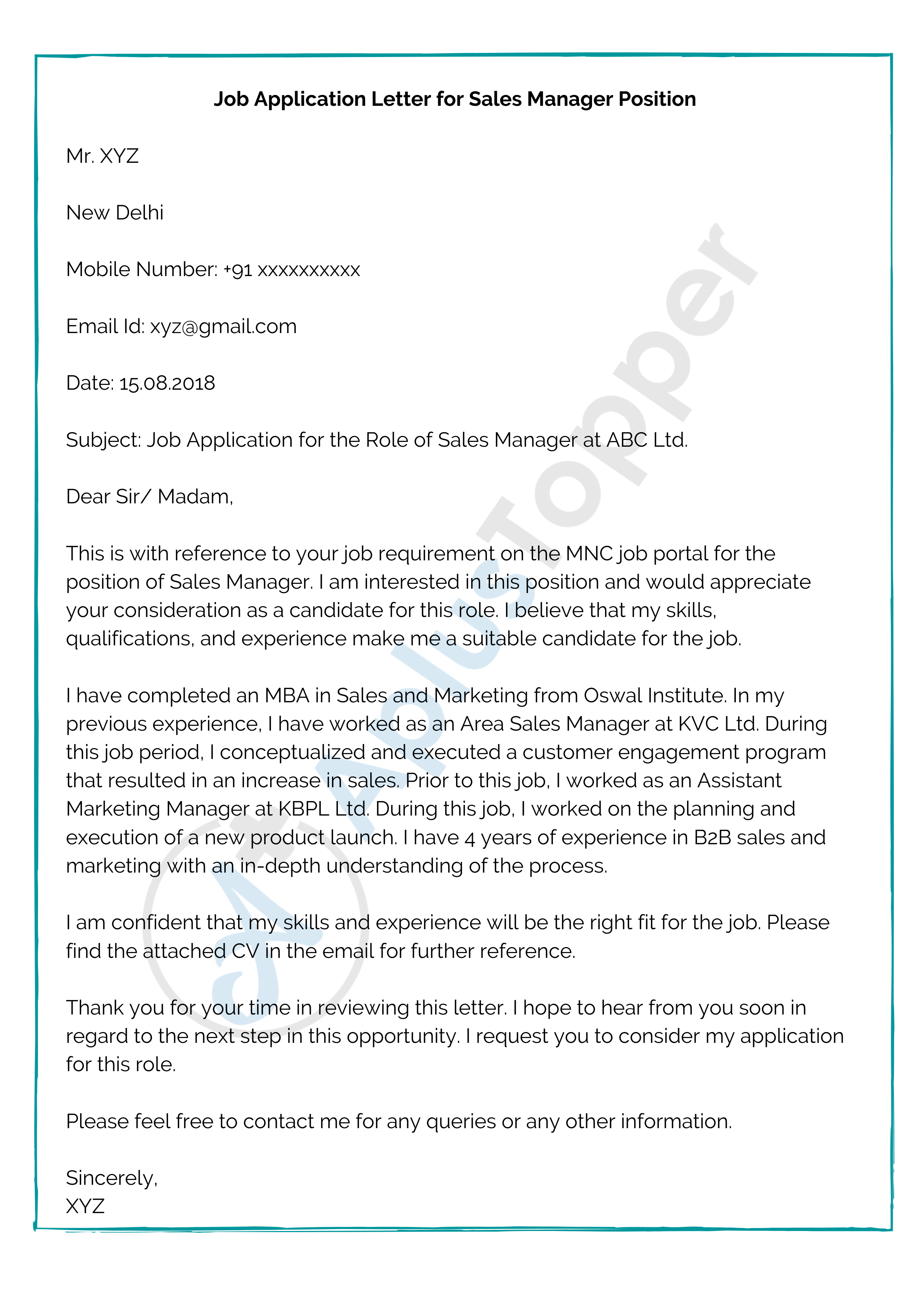 Job Application Letter for Sales Manager Position