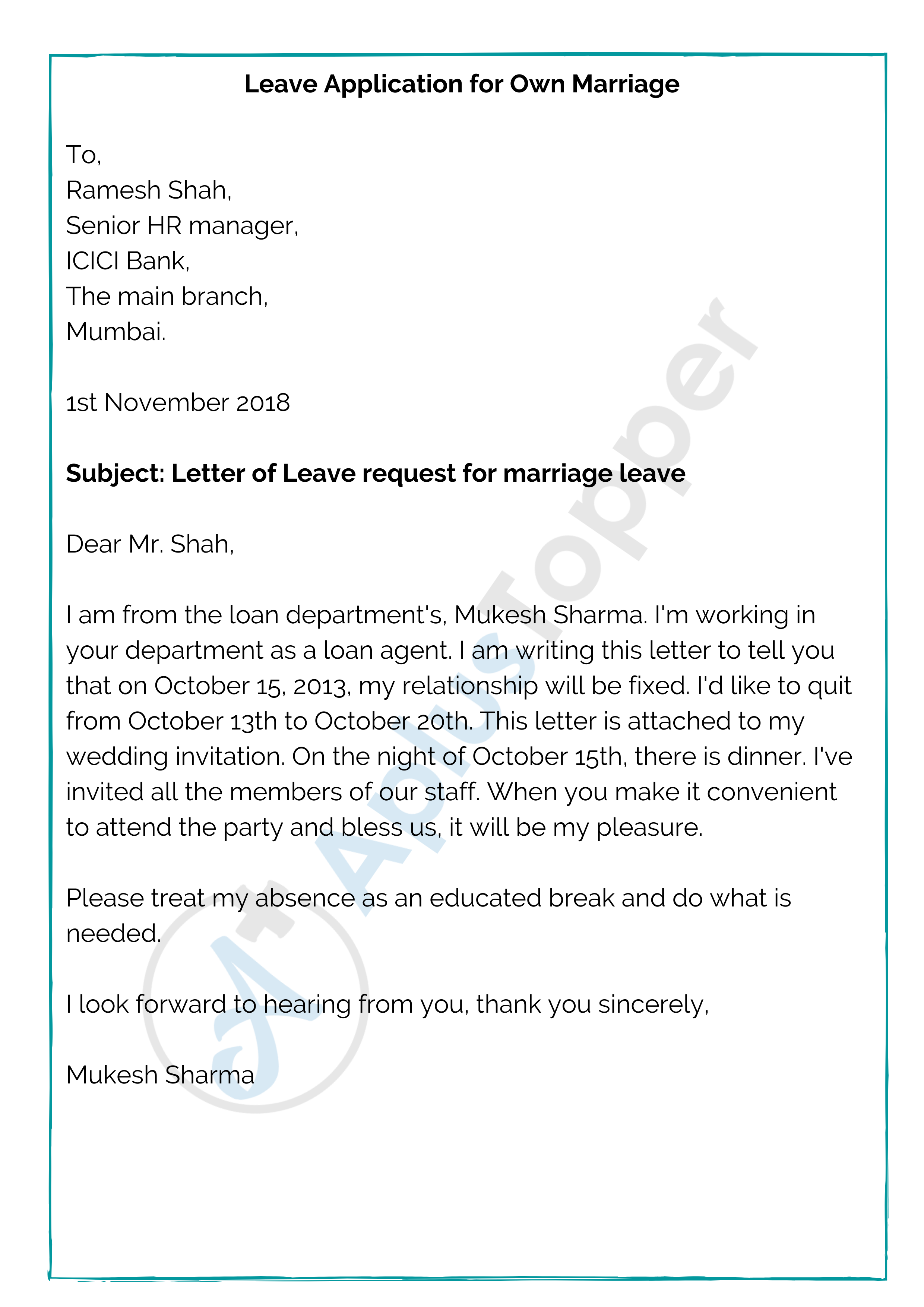 Leave Application for Own Marriage