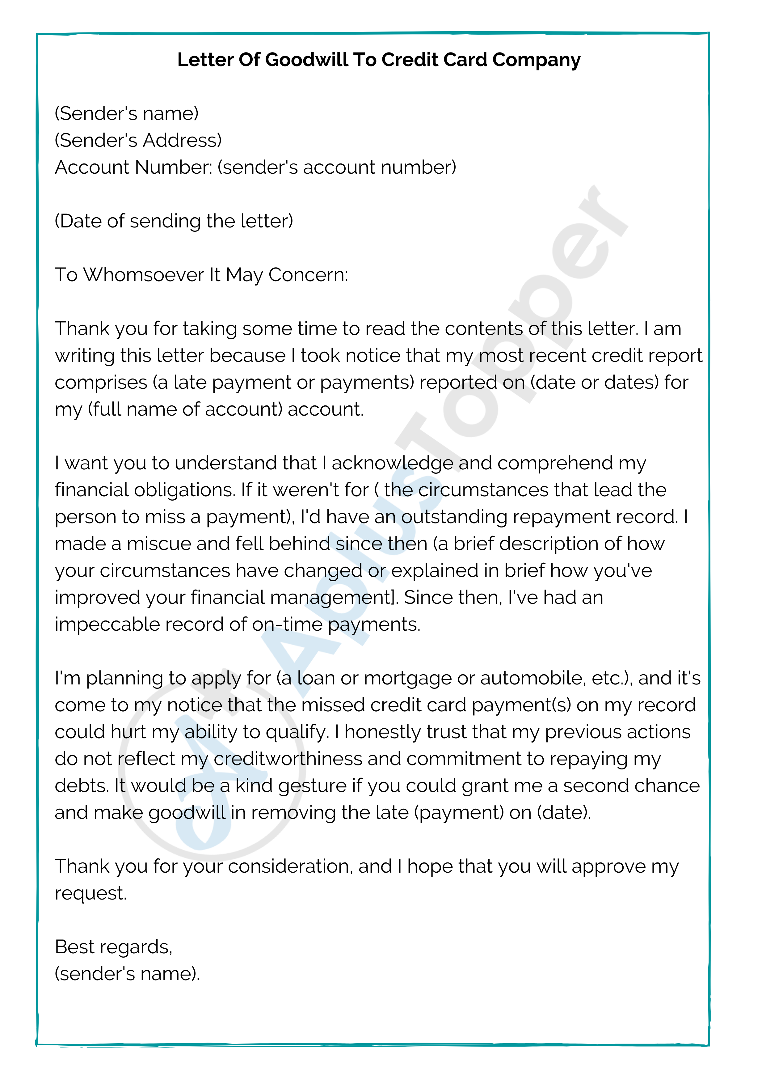 Letter Of Goodwill To Credit Card Company