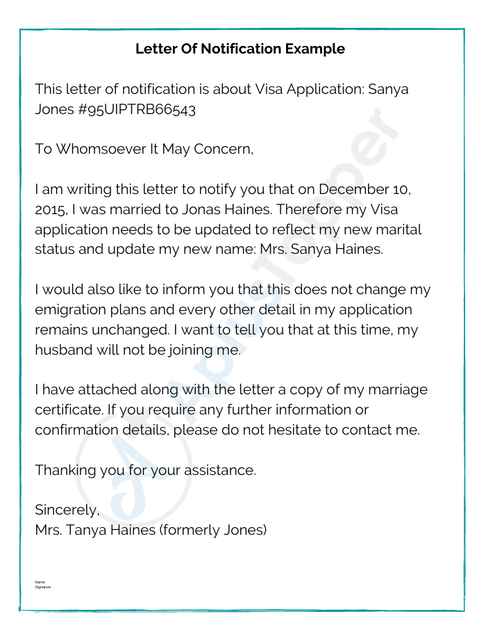 Letter Of Notification Example