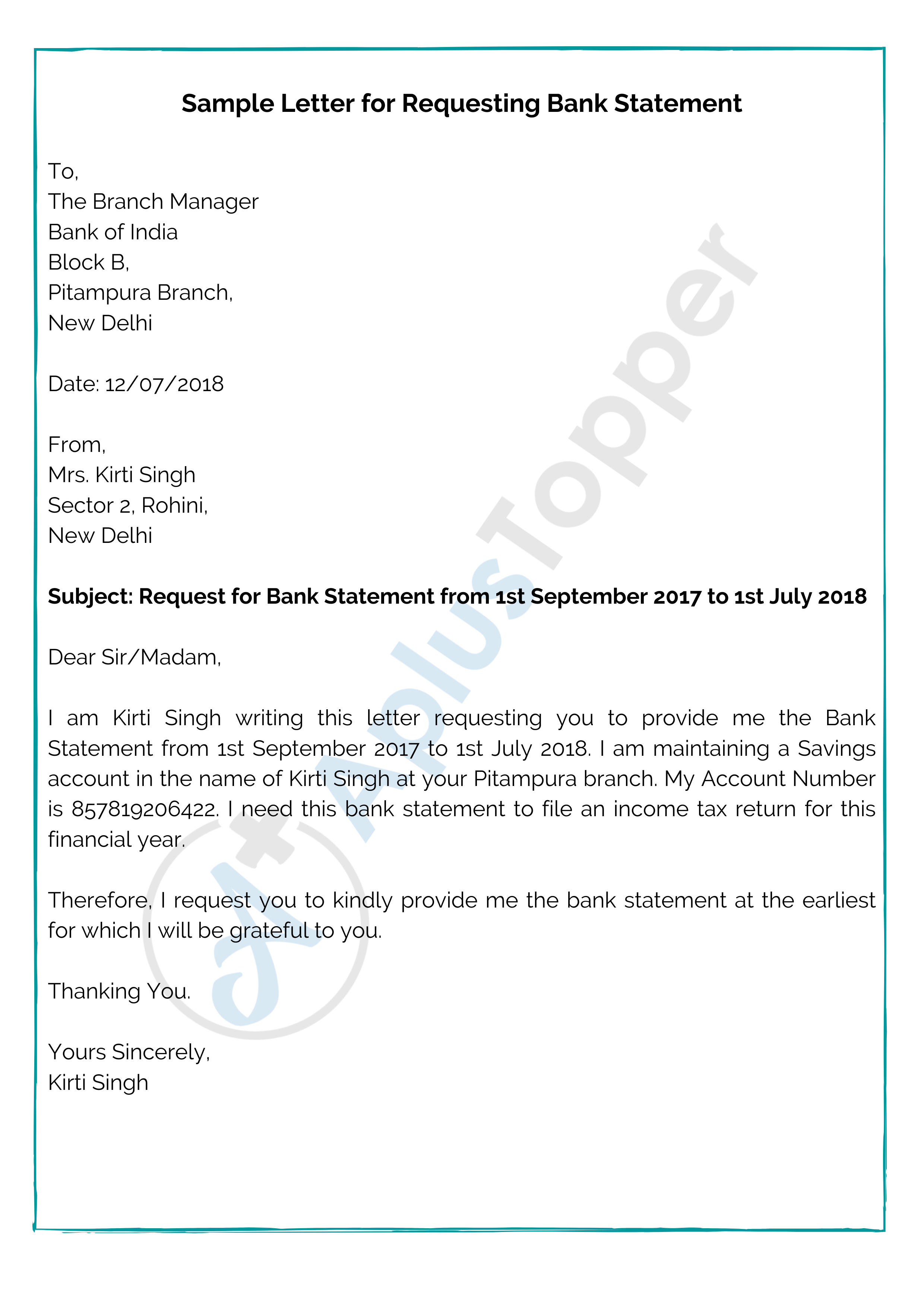 Letter for Requesting Bank Statement