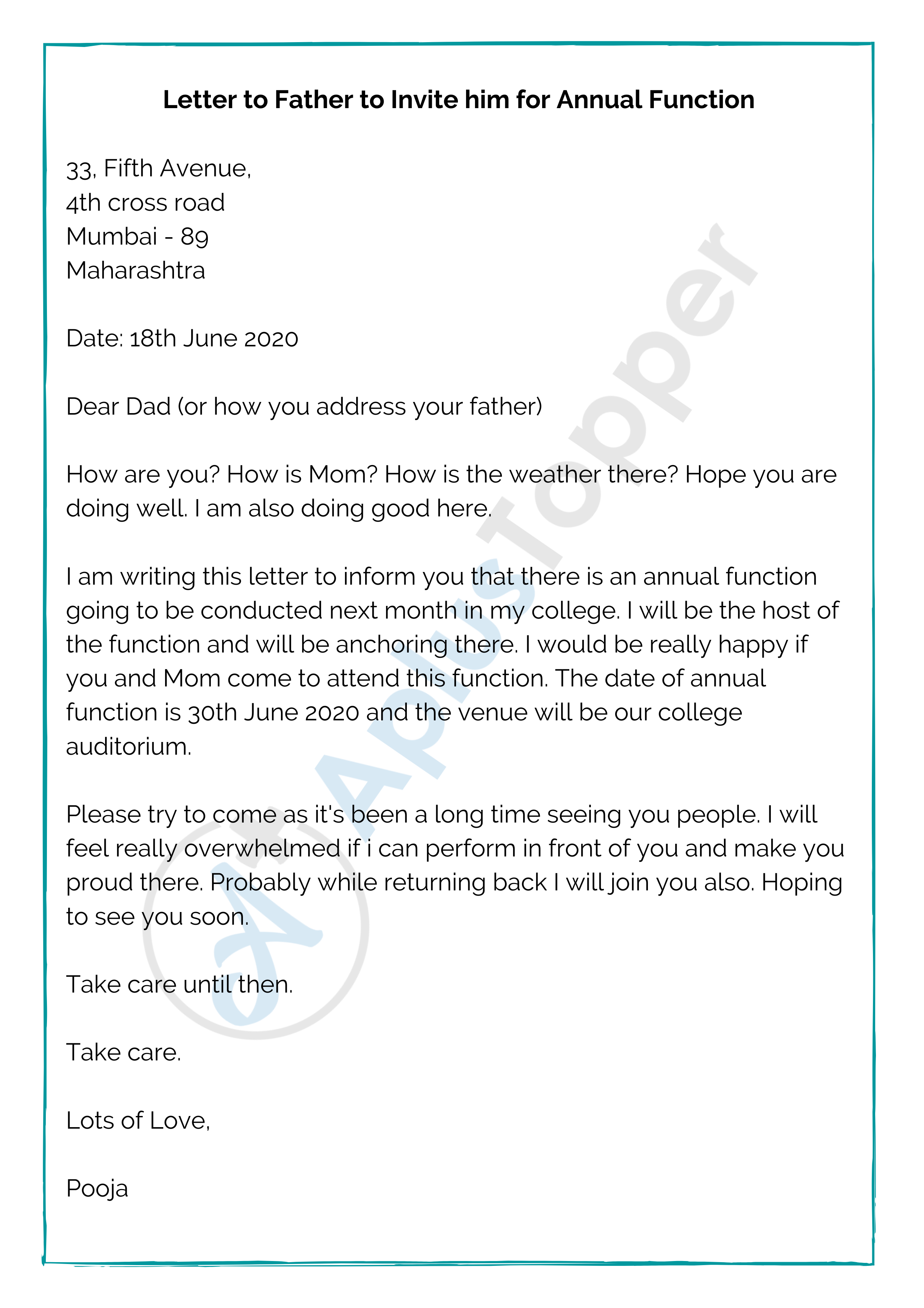 Letter to Father to Invite him for Annual Function