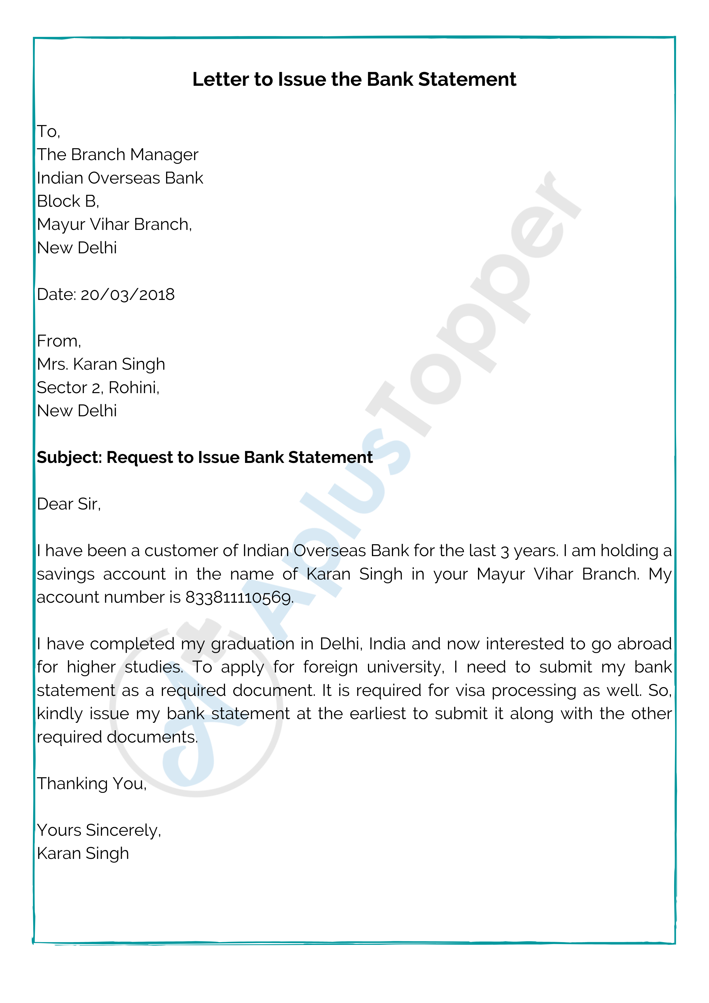 Letter to Issue the Bank Statement