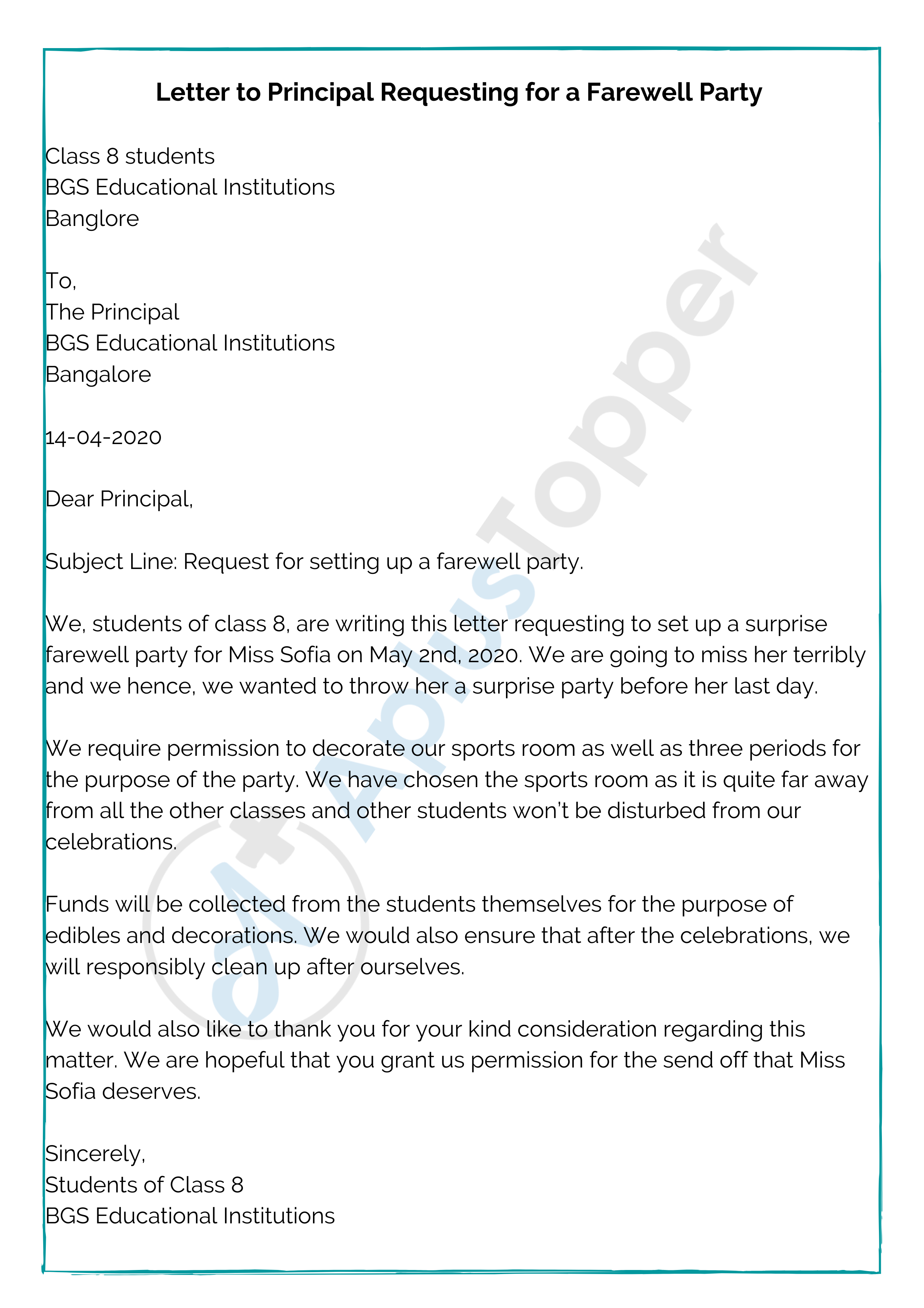 Letter to Principal Requesting for a Farewell Party