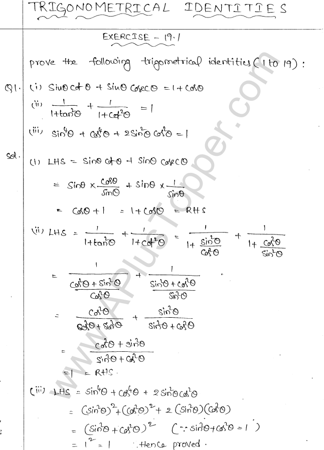 ML Aggarwal ICSE Solutions for Class 10 Maths Chapter 19 Trigonometric Identities Q1.1