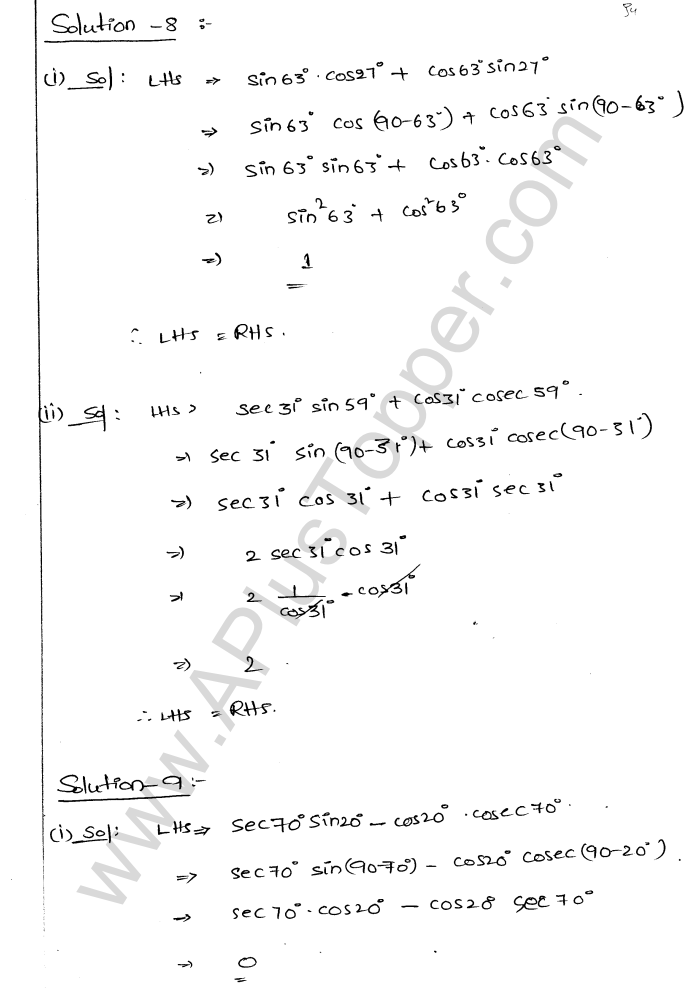 ML Aggarwal ICSE Solutions for Class 9 Maths Chapter 18 Trigonometric Ratios and Standard Angles Q1.34