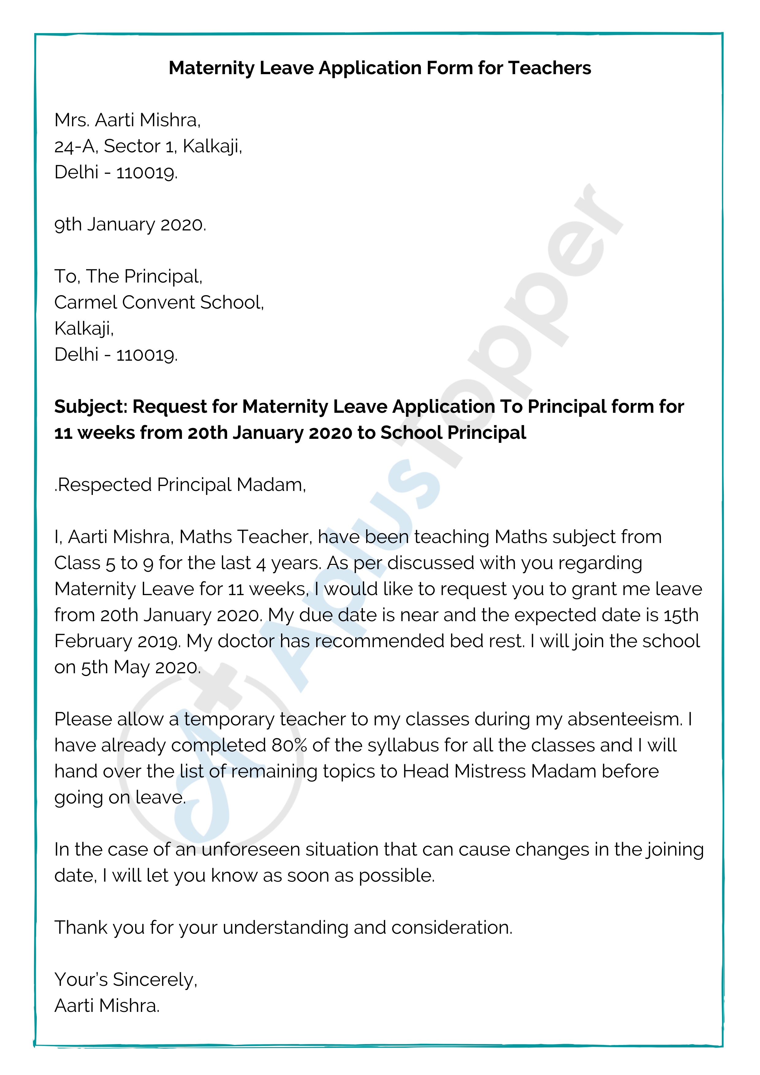 Maternity Leave Application Form for Teachers