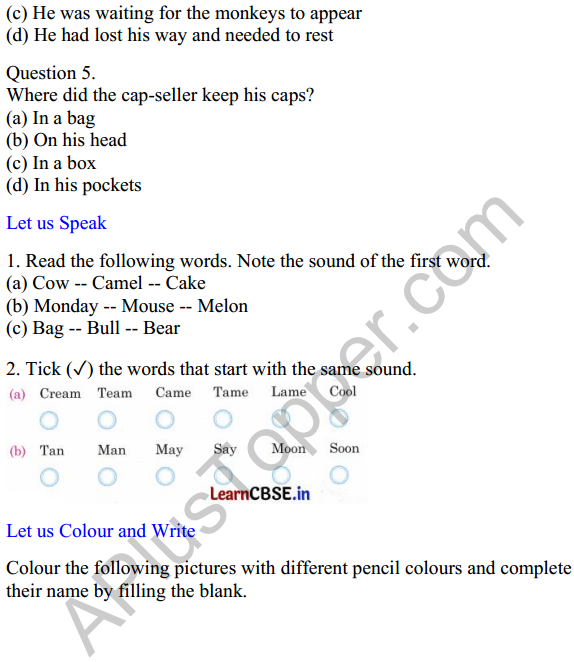 Mridang Class 1 English Worksheet Chapter 4 The Cap-seller and the Monkeys 2