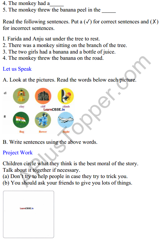 Mridang Class 2 English Worksheet Chapter 11 The Smart Monkey 2