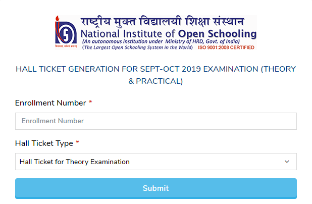 NIOS CLass 10 Admit Card